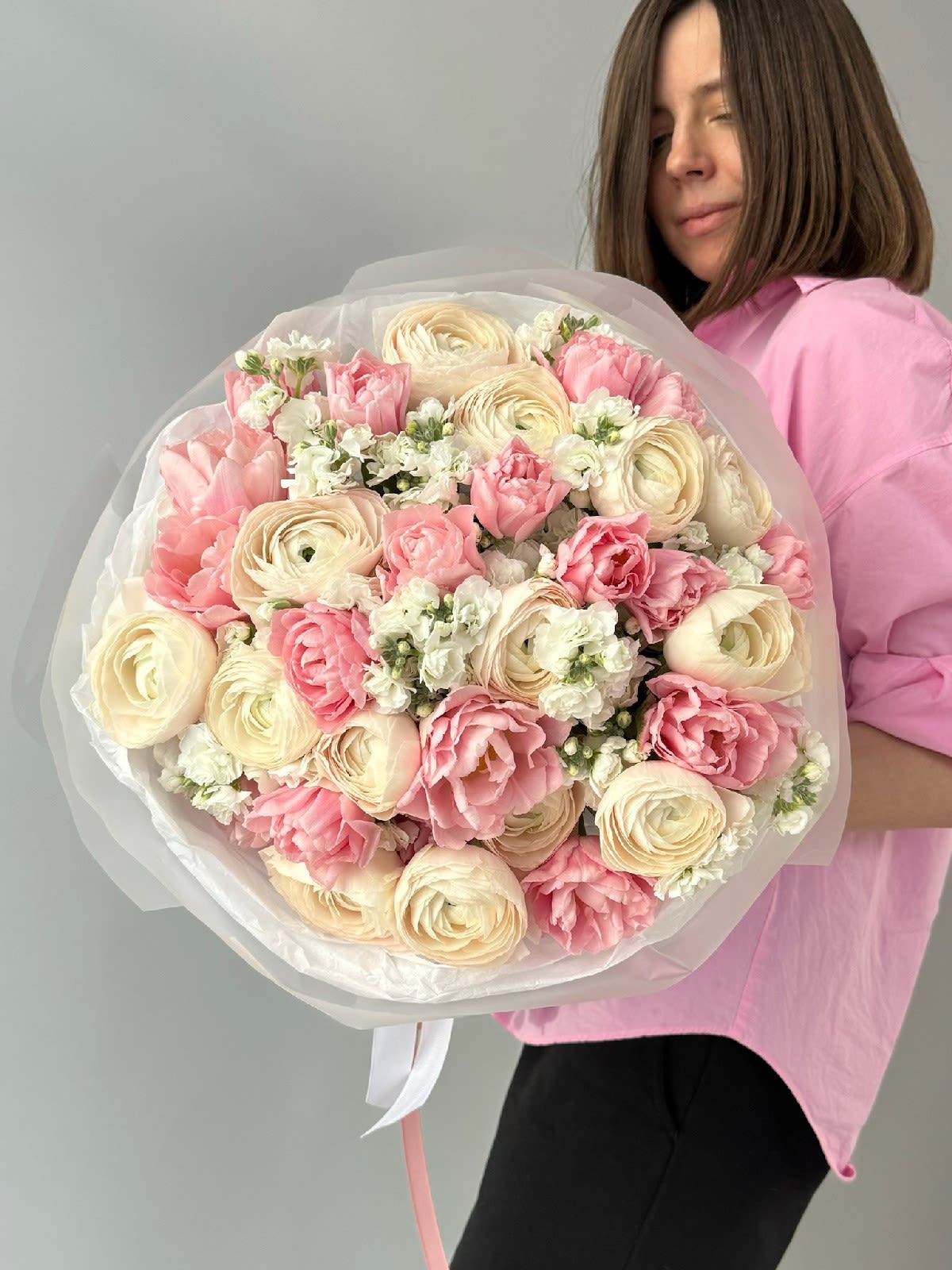 Soft Bloom Dream - An irresistibly soft and charming bouquet of cream ranunculus, pink tulips, and white stock flower — combining the feel of a plush toy with the elegance of fresh, fragrant blooms. Delicate in scent and luxurious in appearance, this bouquet is pure tenderness in floral form. Call it a dream, a memory, or a feeling — one thing is certain: it will touch the heart of anyone who receives it.  Size on the photo: Deluxe.