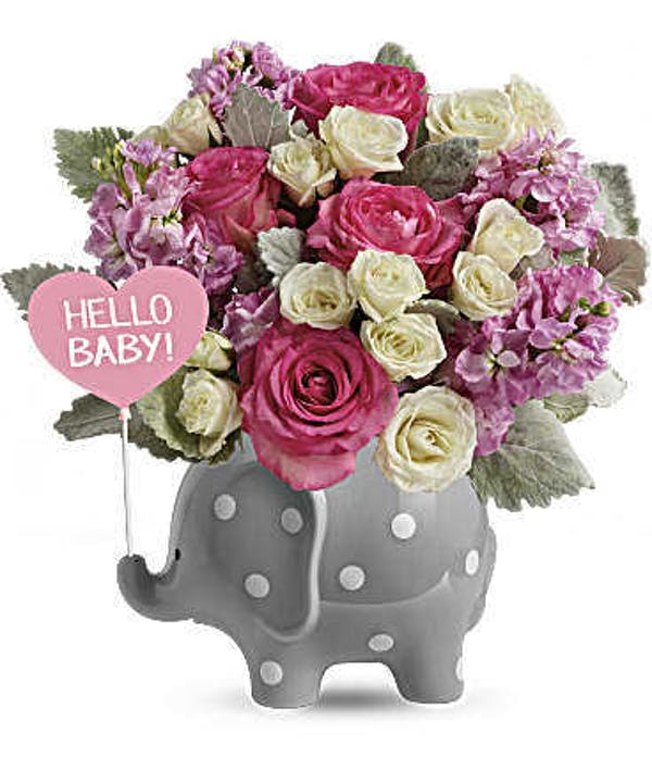 Hello Sweet Baby - Pink - Make baby's arrival feel as special as it is with this gorgeous bouquet of fresh blooms, delivered in a charming ceramic elephant keepsake.