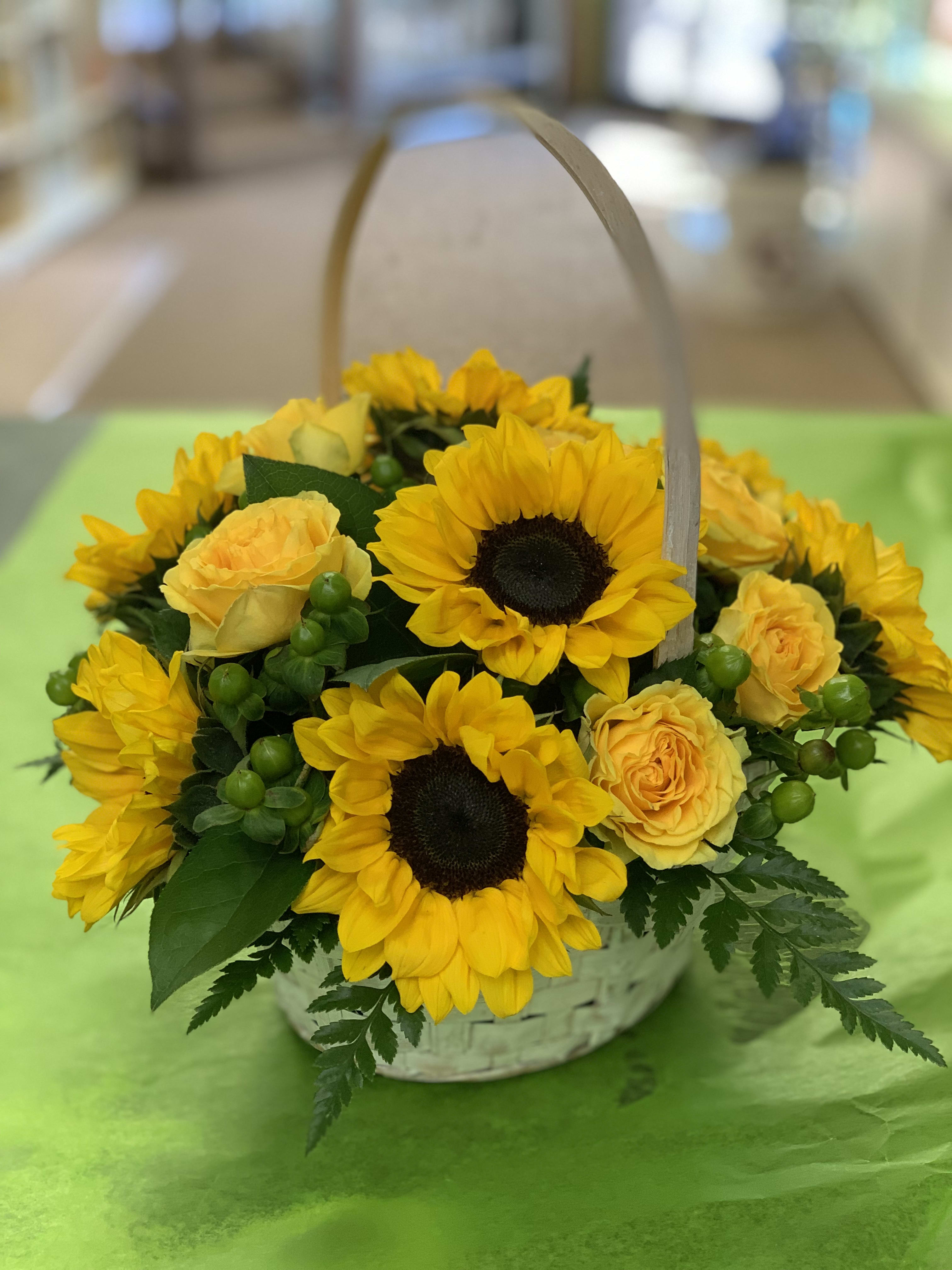 Basket of Sunshine - Petite sunflowers in a wicker basket, bright as sunshine...always a favorite...anytime of year 