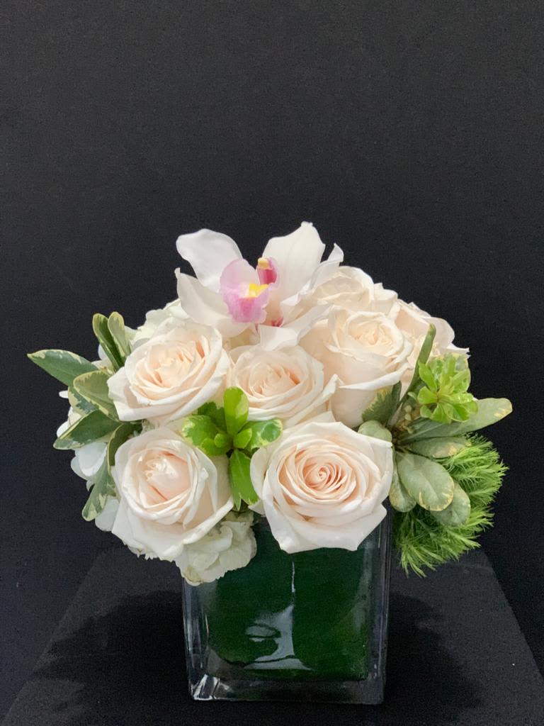 Serenity A White Rose Floral Arrangement - Brighten any space with a beautiful white rose floral arrangement, expertly crafted to showcase elegance and simplicity. We customize each arrangement based on seasonal flower availability, ensuring a fresh and unique bouquet every time. Perfect for any occasion, this timeless arrangement adds a touch of grace to your home or event.