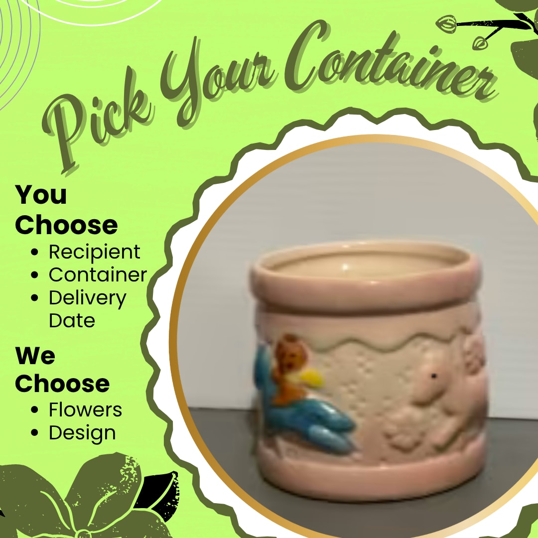 Baby Ceramic - Pick your container and let our designer create a custom arrangement specifically for your recipient! We have so many amazing and adorable vases and containers, and why wait until we have crafted designs to go in them for you to be able to select them? We have set the price points to match what the container can hold, let us know your recipient's favorite flowers and colors in the special instructions. We have an assortment of containers for a baby girl or a baby boy. Do let us know which color is needed.  Substitution Policy In some instances, our photo may represent an overall theme or look and include a one-of-a-kind vase which cannot be exactly replicated.  Although the actual bouquet may not precisely match the photo, its temperament will. Occasionally, substitutions of flowers and/or containers happen due to weather, seasonality and market conditions which may affect availability. If this is the case with the gift you’ve selected, we will ensure that the style, theme and color scheme of your arrangement is preserved and will only substitute items of equal value or higher value.  If any design elements are of major importance to your order, please include them in the florist instructions at checkout or contact us to ensure availability.