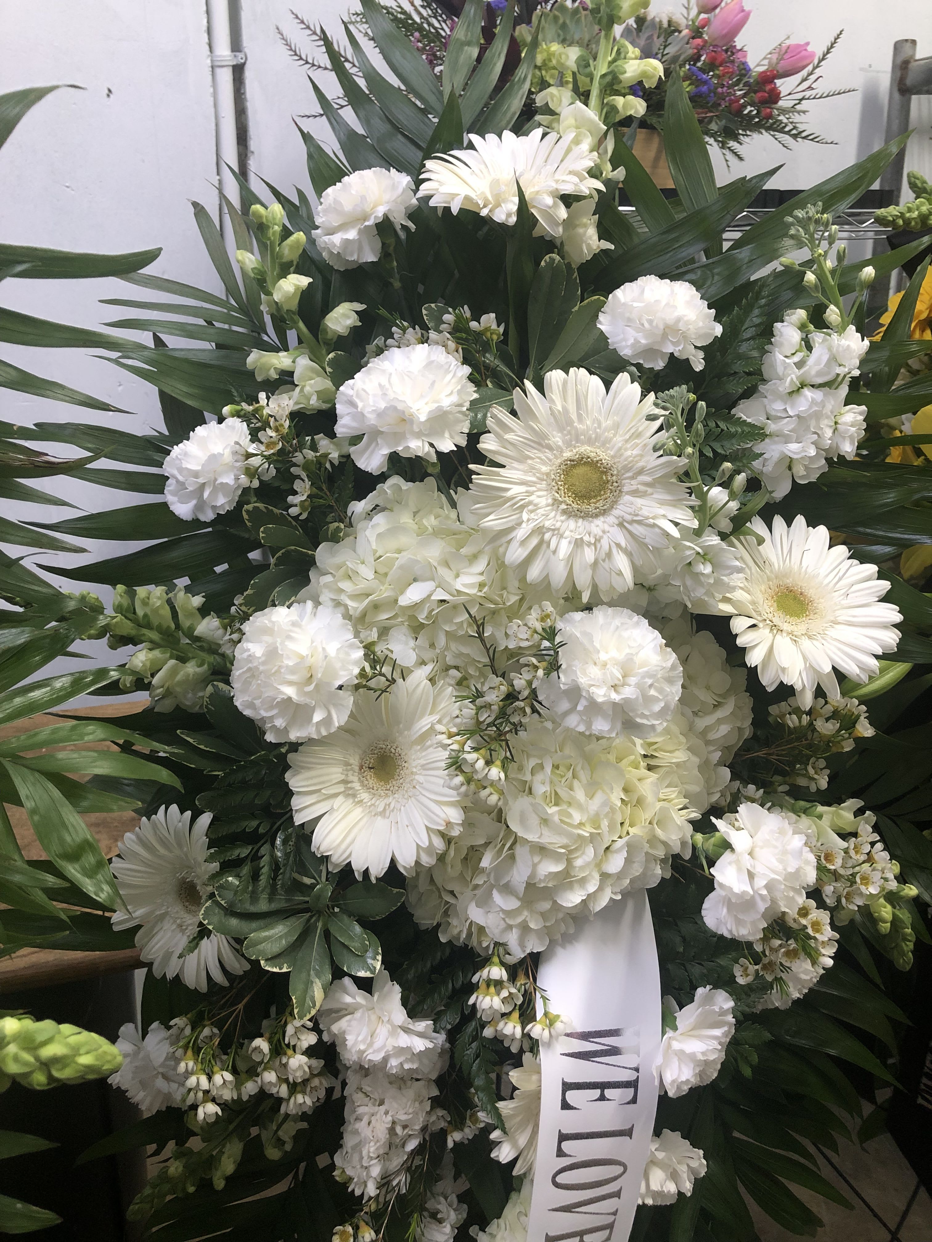 Dreamy White Easel Sray Dreamy White Easel Sray - white Gerbera daisies, white carnations, white hydrangea