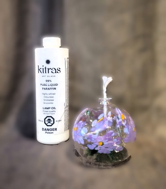 Best Wishes  - Kitras Art Glass Oil Lamp &amp; Lamp Oil - Something a little different for your valentine this year ... Flowers are used to celebrate life's special moments. Flowers are given to commemorate friendship, appreciation, romance, and sometimes just because! Celebrate these moments with a flower that never stops blooming!   Contains one 3'' handblown glass oil lamp and one 14.4 oz. bottle of parrafin oil to burn. Limited quantities available.