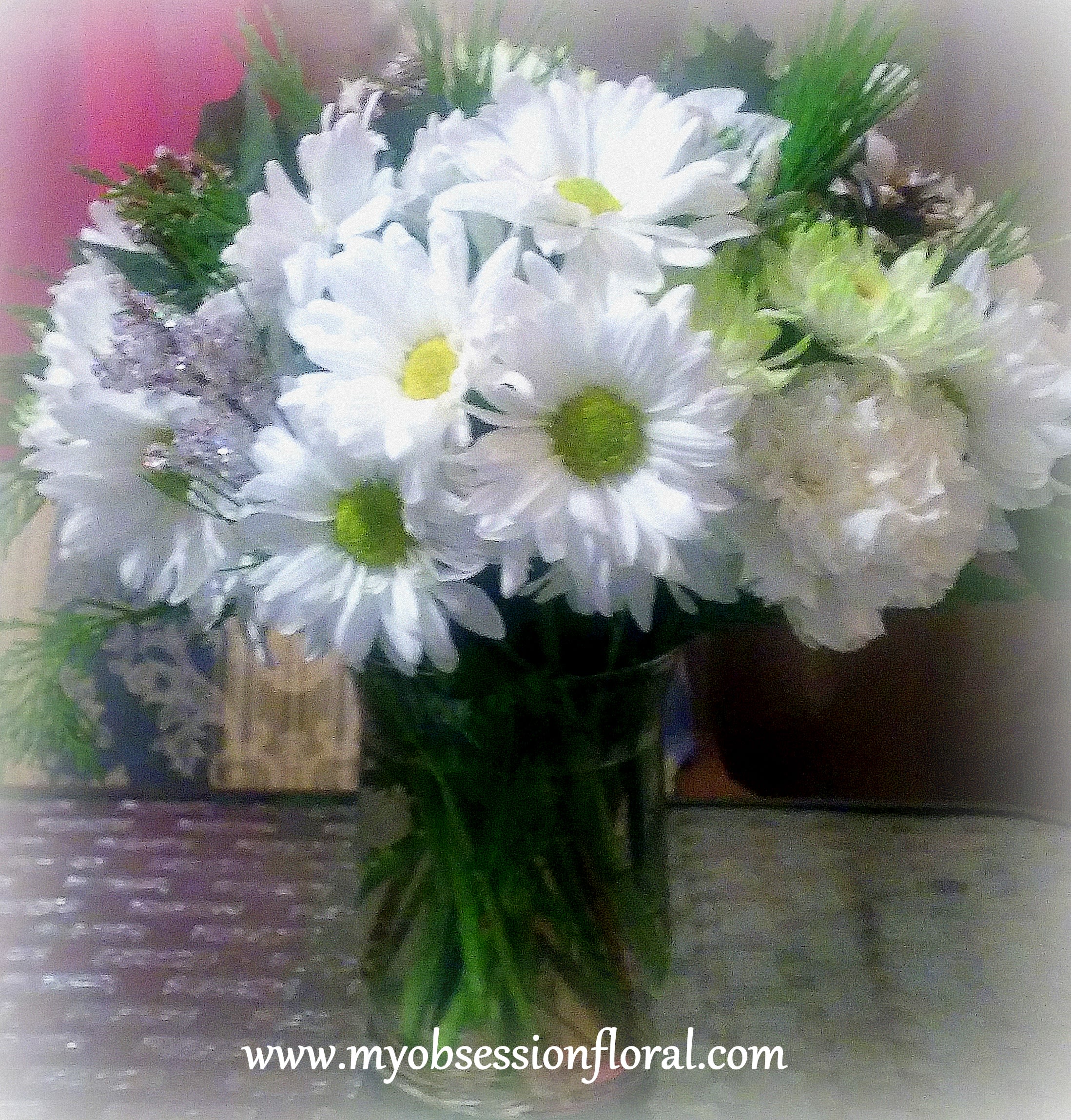 For the Love of Daisies. - White daisies and white carnations arranged compact for clean pure look.