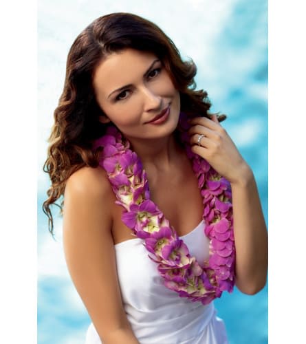 Double Orchid Lei - The Brilliant Shades of Love™ Lei is a tropical way to celebrate graduations or a special wedding day. Perfect for themed weddings or one set on the beach or a beautiful island, the lei of fuchsia double dendrobium orchids is a fantastic way to add to the festivities. call for custom colors. 