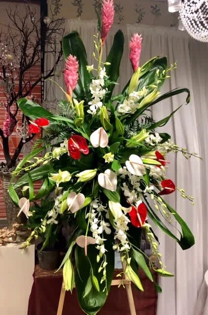 Tropical Tribute - Tropical standing spray of gingers, Anthurium, and other tropical accents