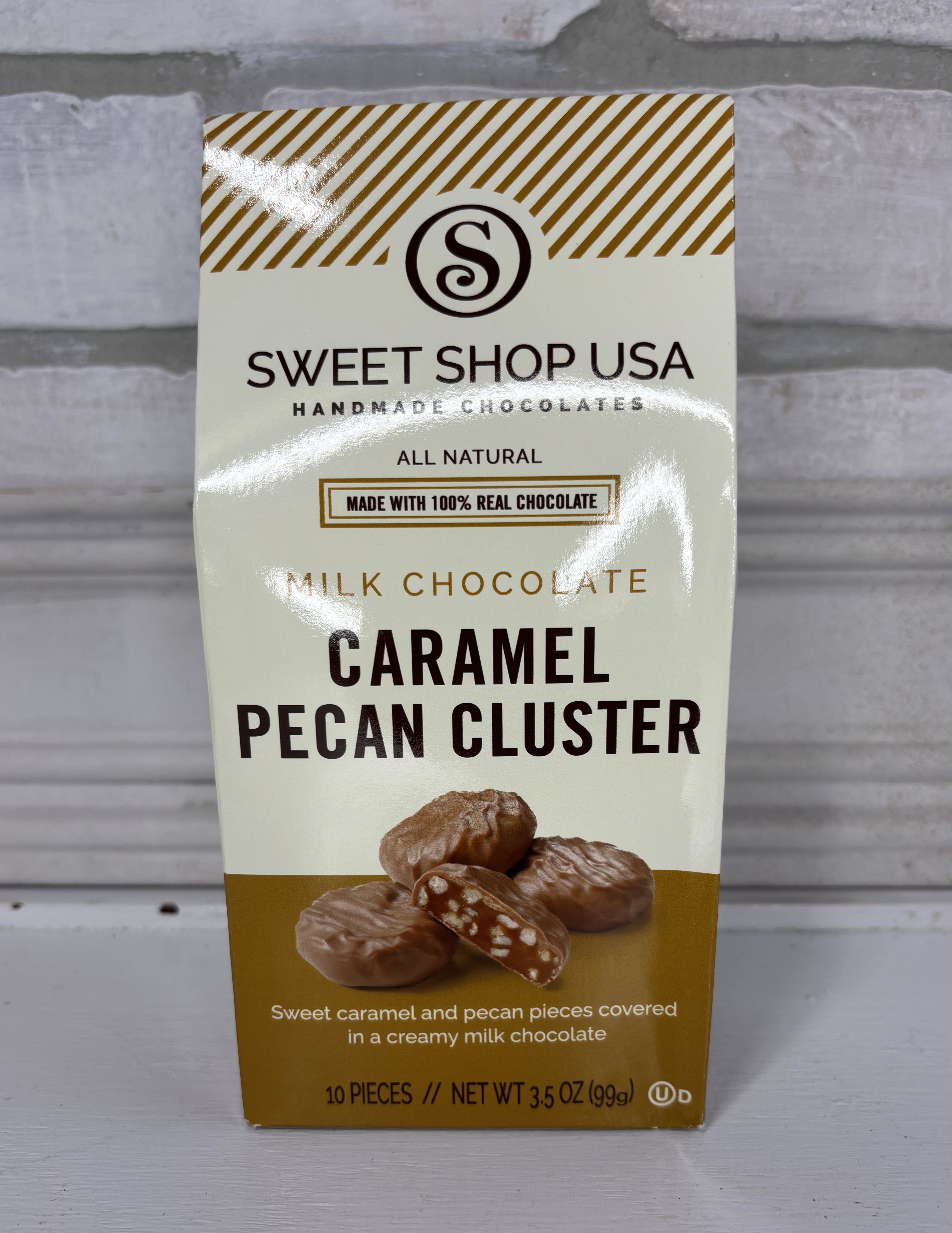 Caramel Pecan Clusters - A bag of individually wrapped milk chocolate caramel pecan clusters.  3.5 OZ- 10 Pieces