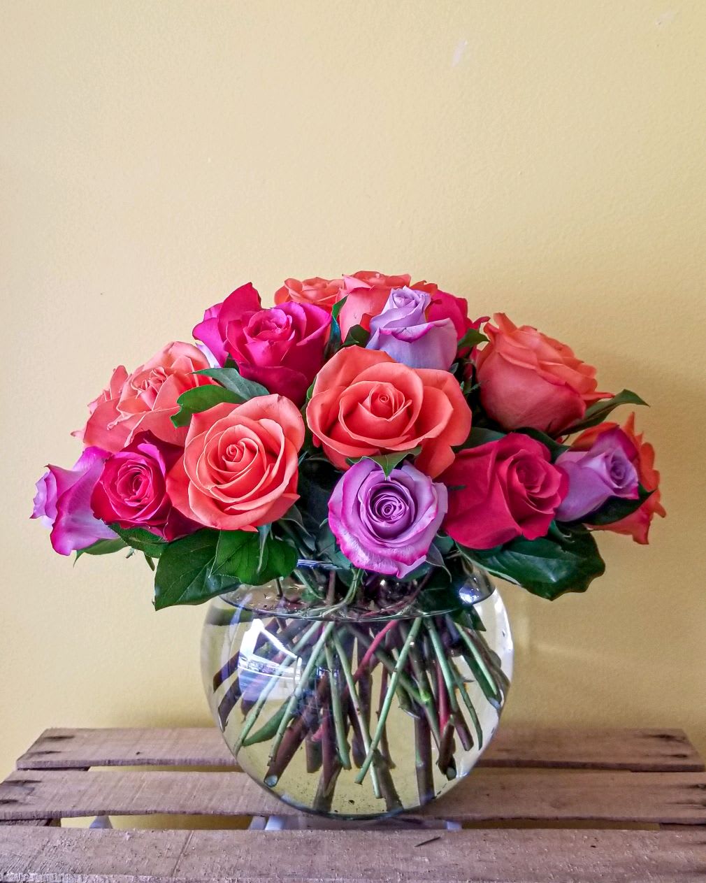 Daybreak  - A lovely bowl of colorful roses brightens and lifts any room (and relationship!) A great gift for sending on Valentine's Day to your significant other, your friend, or even your mom!  Approximate Dimensions: 13''D x 13''H