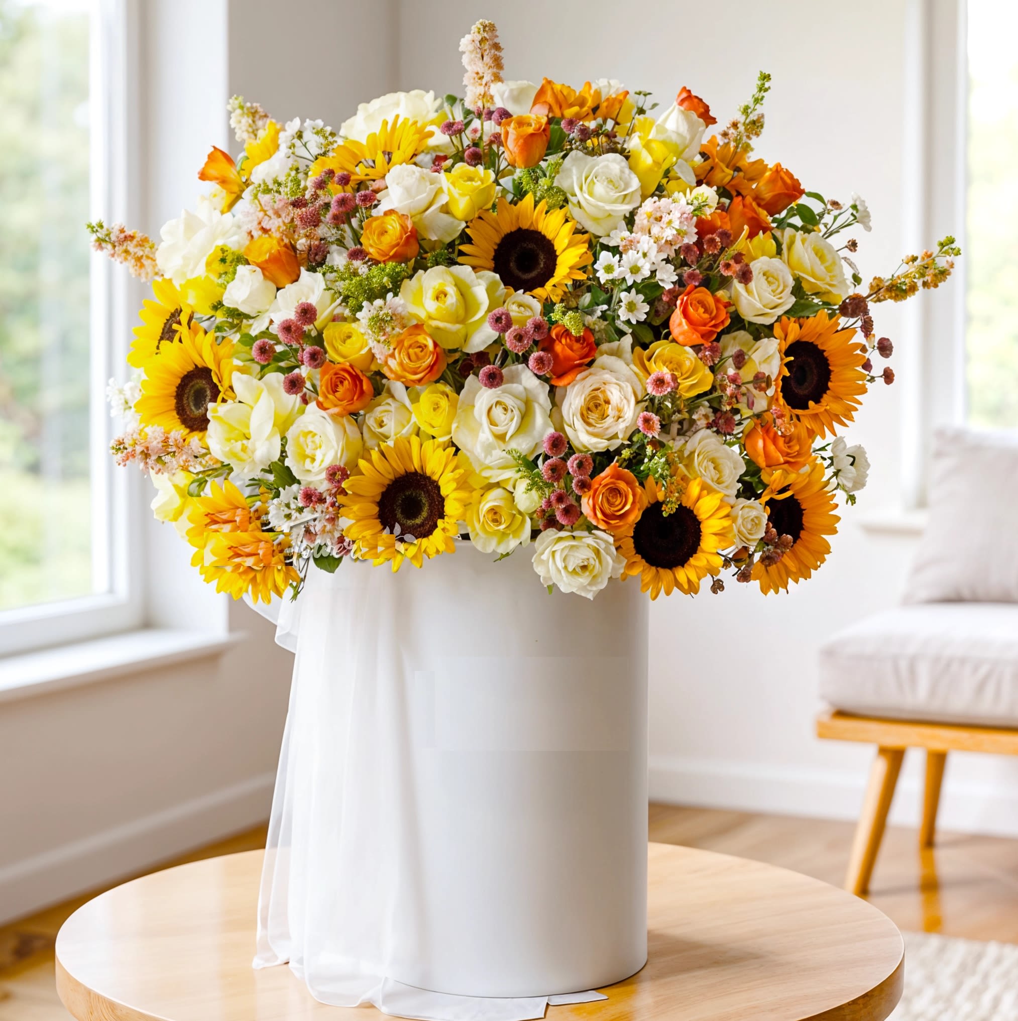 Happiness Arrangement  - Sunflowers symbolize happiness and positivity, while the roses in peach, yellow, orange, and cream convey gratitude, joy, and love. The button chrysanthemums represent cheerfulness and longevity, and the peach Matthiola adds a touch of elegance. This arrangement is ideal for birthdays, celebrations, or simply to spread joy and appreciation, making it a thoughtful and stunning gift for any occasion..This vibrant one-sided arrangement features  cheerful sunflowers,  elegant peach, yellow, orange, and cream roses,  meron and white button chrysanthemums, and  delicate peach Matthiola. Accented with fresh green fillers and wrapped in a soft peach net, this bouquet is presented in a tall round vase, making it a perfect gift to brighten any occasion with a burst of color and beauty.