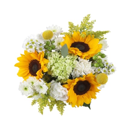 Happy Blooms Happy Blooms - A wild mix bouquet of wild Sunflowers, fluffy Hydrangeas' and fun fun filler! This will cheer and up lift Mom at the end of her long day