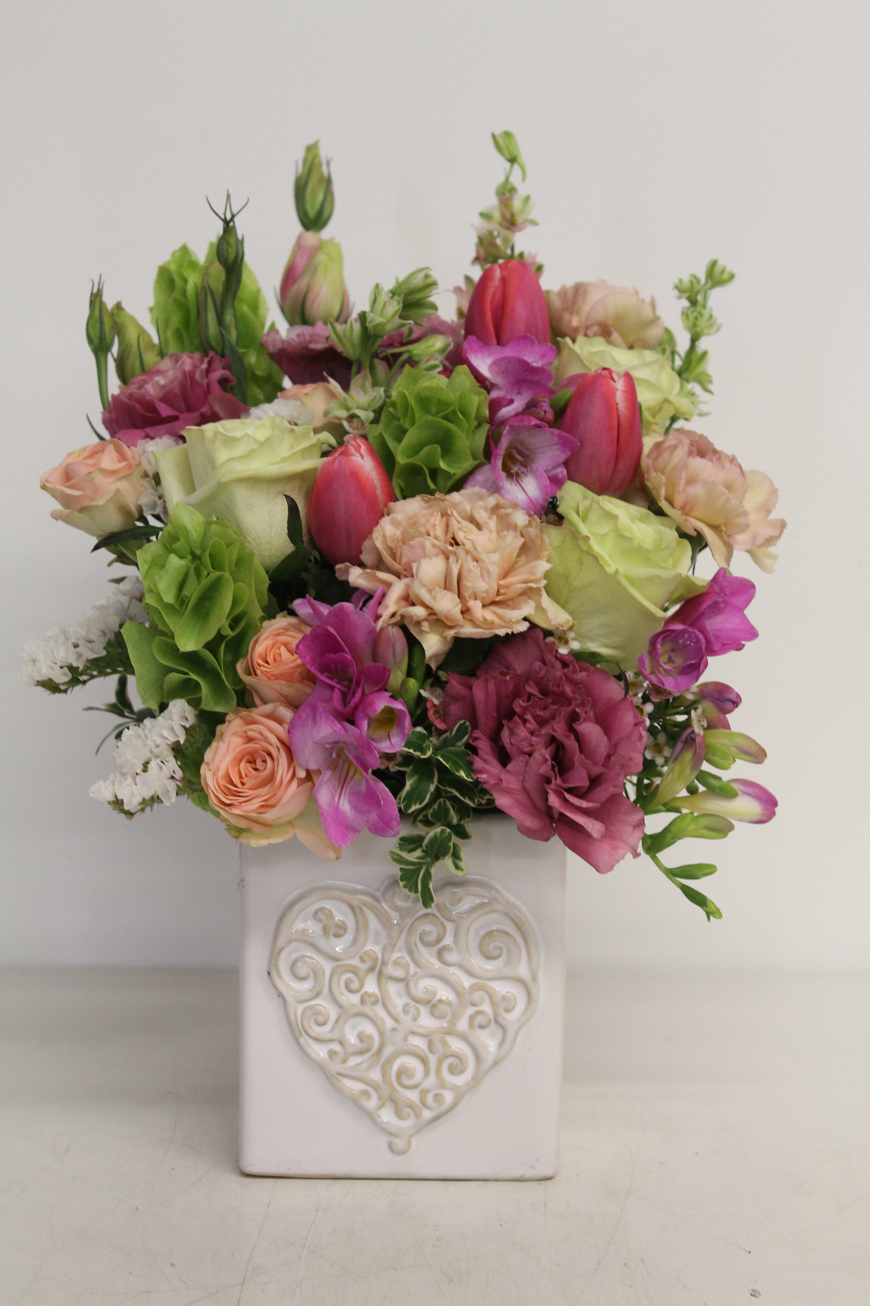 Love Bouquet - Freesia, Bells of Ireland, Spray Rose, Lisianthus, Rose