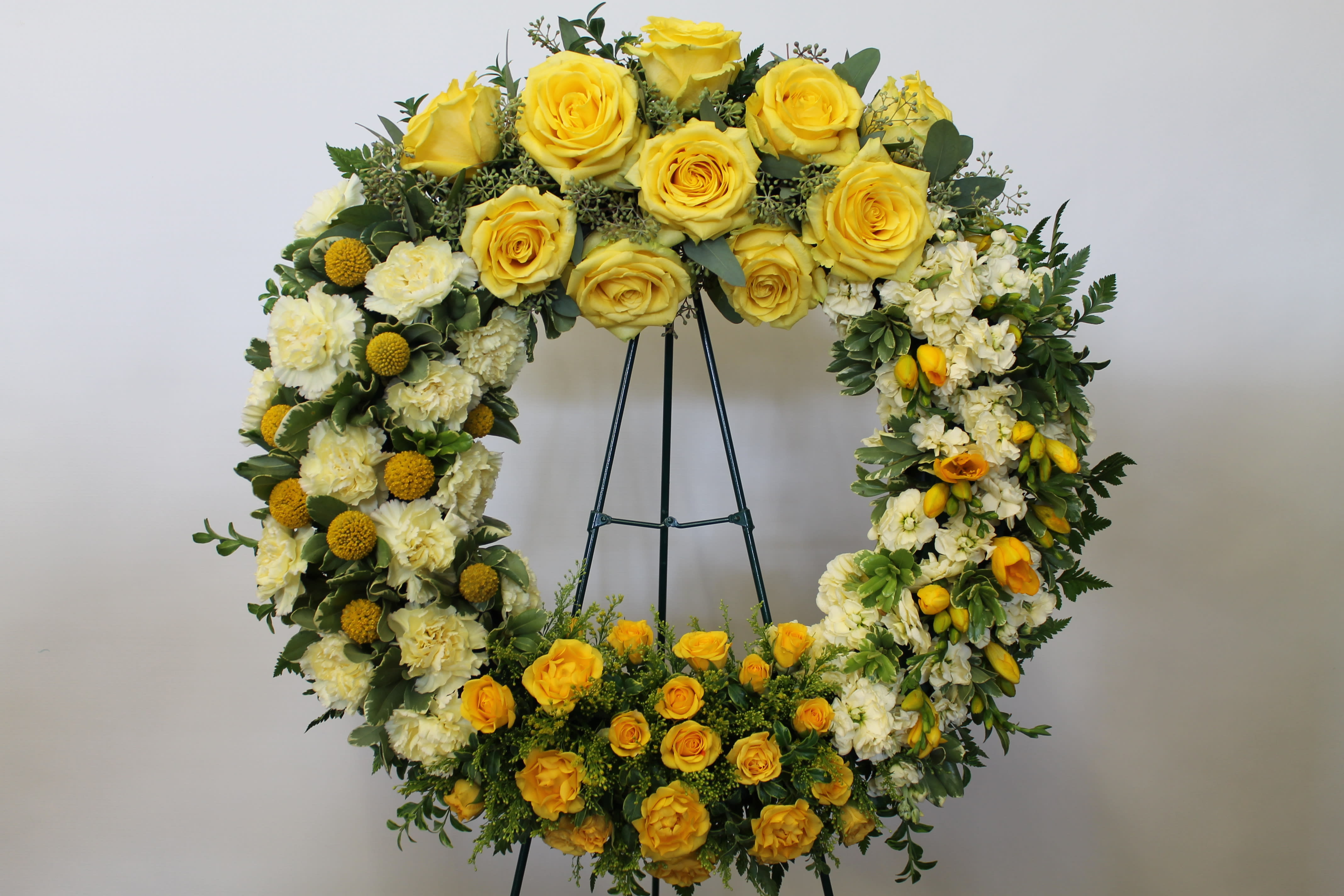 Yellow And White Wreath - Rose, Stock, Freesia, Solidago, Spray Rose, Carnation, Seeded Eucalypthus, Craspedia