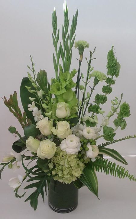 Rest in Peace - Gladiolas, Ranunculus, Bells of Ireland, Carnations, Roses, Freesia, Orchid