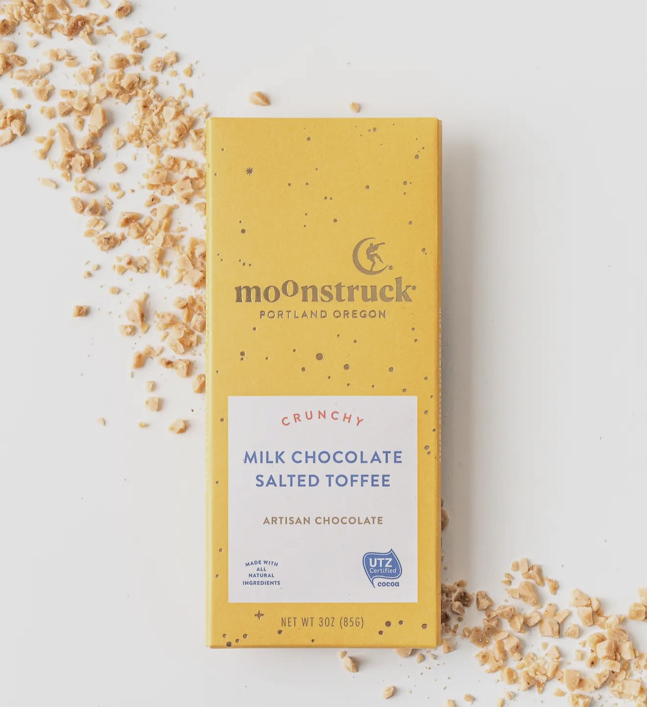 Crunchy Milk Salted Toffee Bar- Moonstruck Crunchy Milk Salted Toffee Bar- Moonstruck - Illuminate your senses with this luscious bar that sings of smooth chocolate accompanied by almonds and rich toffee.