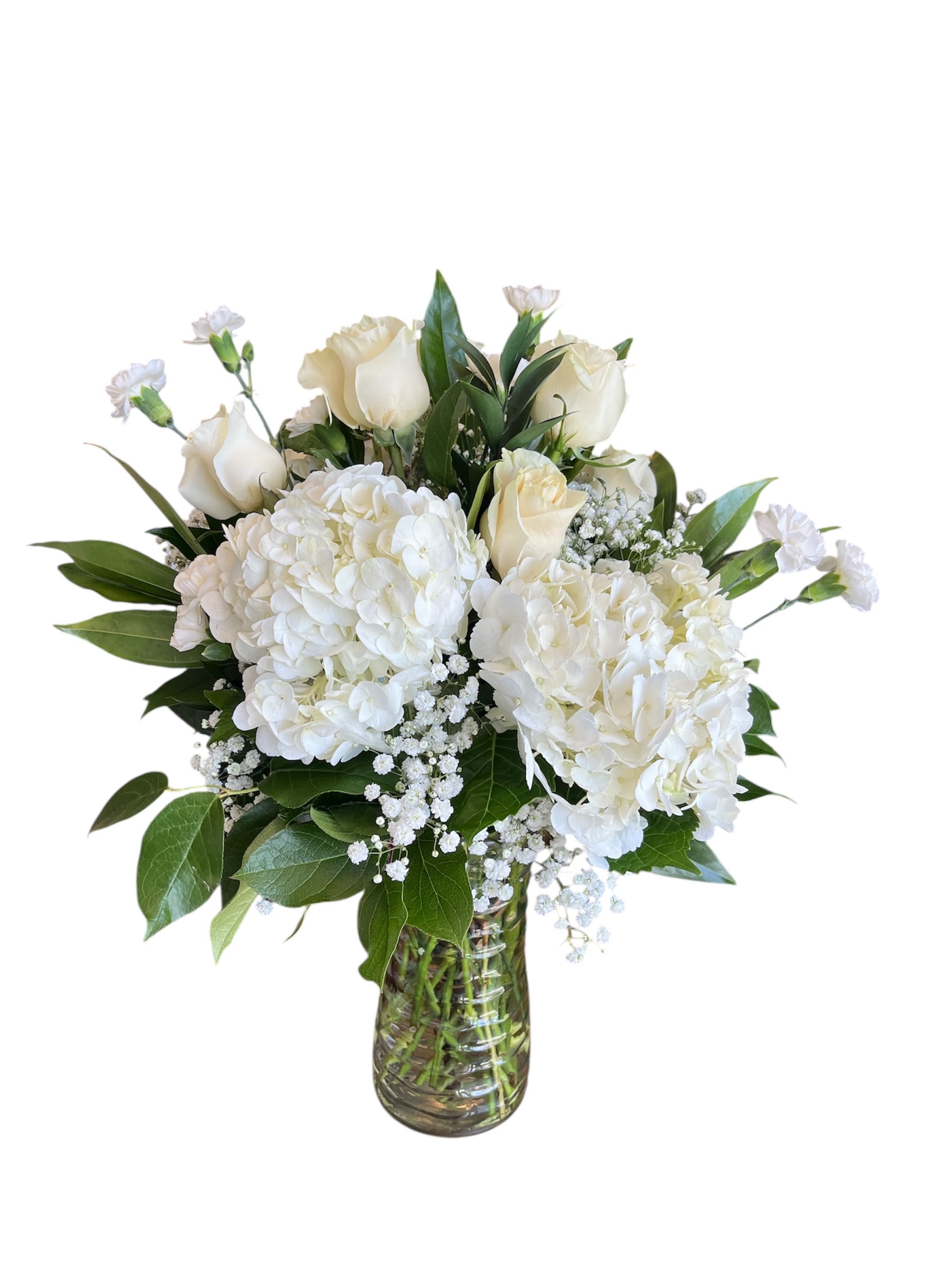Eternal Love  - Express your love with this arrangement. It is elegant and beautiful. It is designed with premium hydrangeas, mini carnations, and white roses. Ideal for any occasion. * OUR DESIGNER WILL MAKE SUBSTITUTIONS WHEN NECESSARY, FOLLOWING THE SAME STYLE AND VALUE.