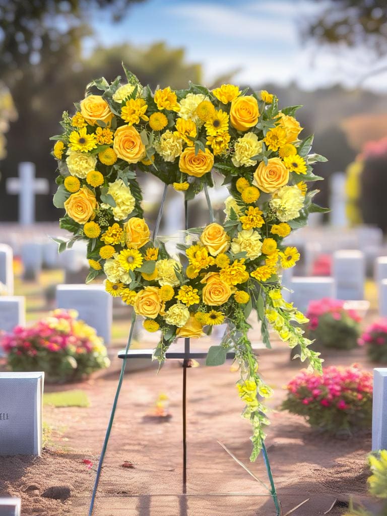 Golden Tribute Heart Golden Tribute Heart - A beautiful heart-shaped easel bursting with radiant yellow blooms symbolizing warmth, remembrance, and a life well-celebrated. This arrangement features lush yellow roses, cheerful daisies, vibrant carnations, playful button mums, and elegant snapdragons, all thoughtfully designed to express love and compassion during times of sorrow. Perfect for honoring a cherished soul with a bright and heartfelt tribute.