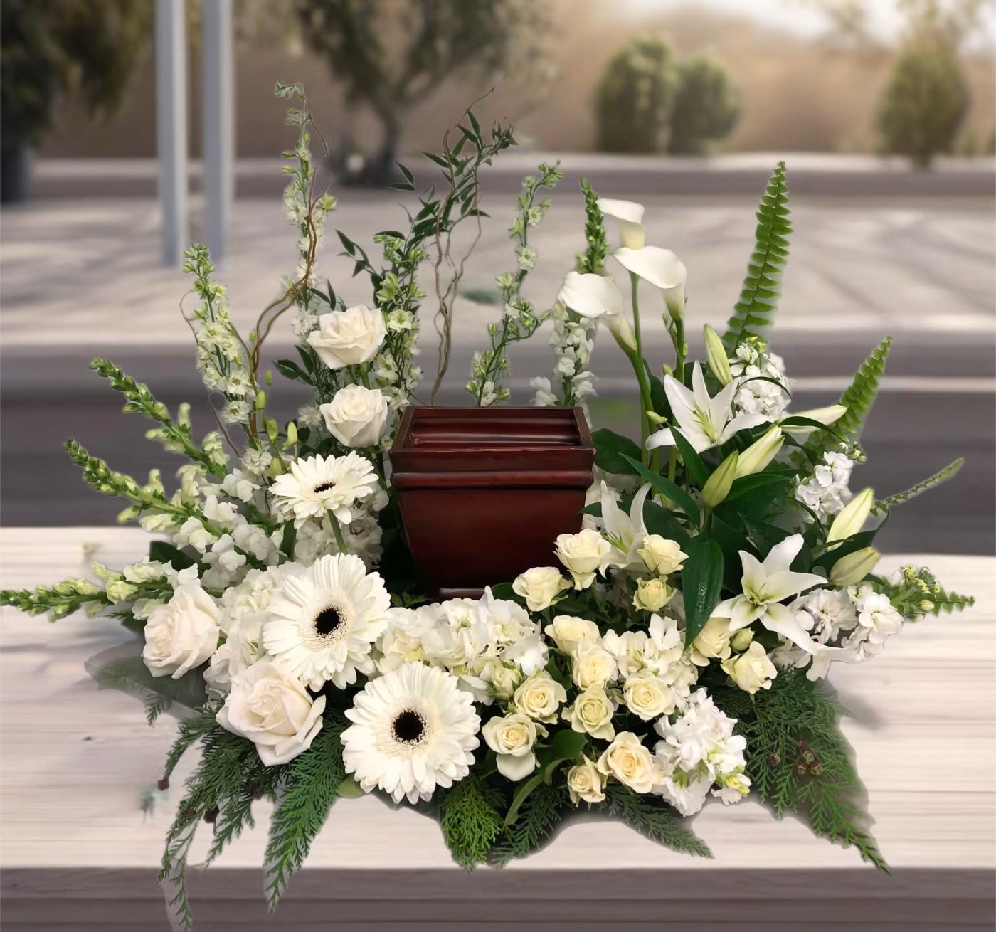 White Garden cremation wreath White Garden cremation wreath - This all white wreath is a beautiful representation of purity.