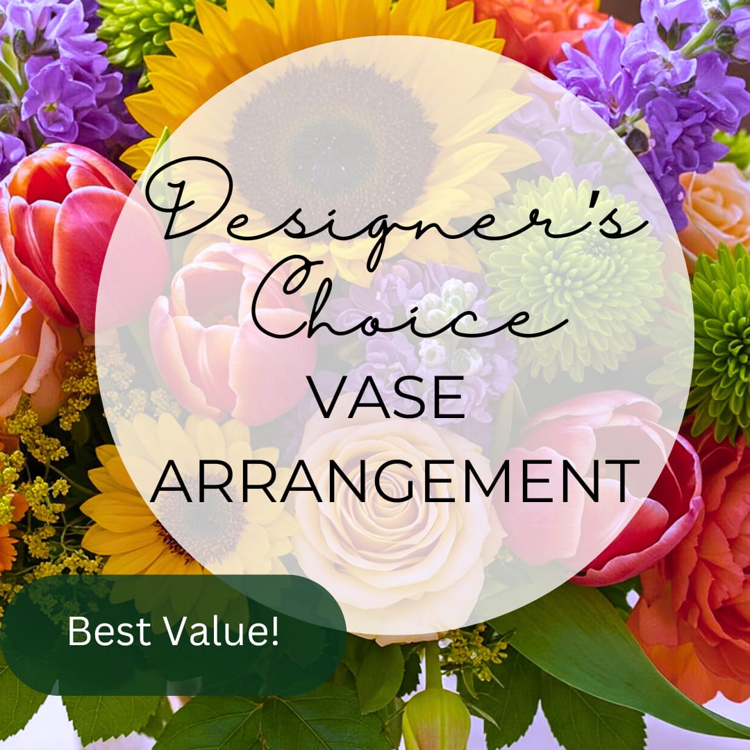 Designer’s Choice Vase Arrangement - Our #1 Bestseller, Let us create a one of a kind floral arrangement for you using the freshest in stock blooms, that inspire our highest creativity!   ALL Floral Designs include premium, market-fresh flowers in our freshest Color Palette. FLOWER VARIETIES WILL VARY from images on website.  We'll create a floral bouquet at your chosen price-point. Each bouquet will be different. Containers, blooms, and finishings will vary.   We will use only the freshest seasonal blooms in joyful colors to create a one-of-a-kind design in our signature style. Great for Mom, your siser, best friend, or even yourself!  Let us show you why we’re Southwest Florida’s #1 Florist! 