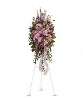 Finest Farewell Spray Finest Farewell Spray - Utterly feminine this spray is an extraordinarily beautiful way to bid farewell to someone who will remain forever in your heart. A bevy of lovely lavender flowers will soothe souls and deliver strength and hope to those in mourning. Beautiful flowers such as lavender purple and pink blossoms including roses larkspur alstroemeria and more are beautifully arranged. A pretty pink organza ribbon completes this fine farewell. Approximately 22" W x 50" H Orientation: One-Sided T248-2Aa