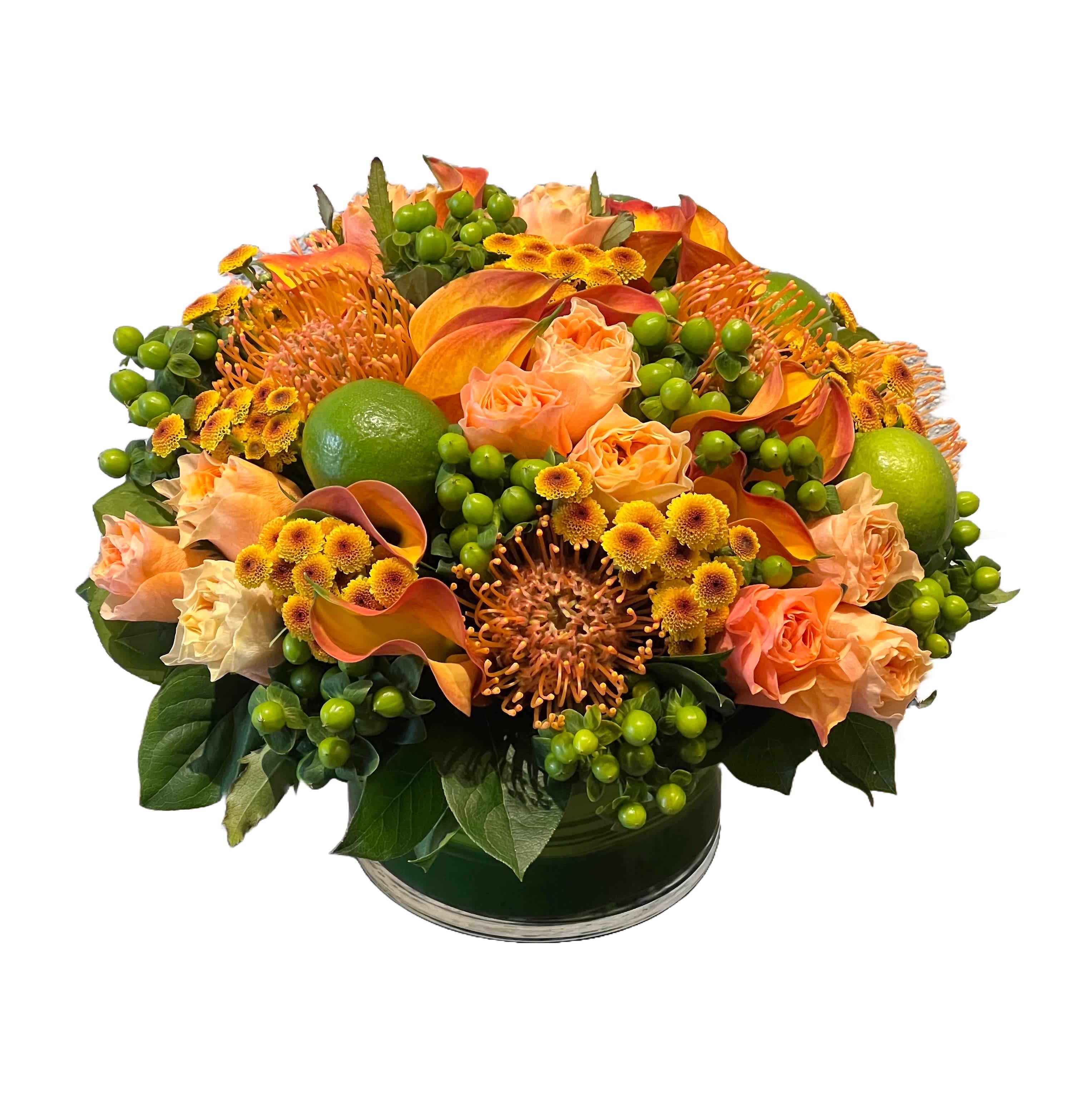 Amber   - Summer colors and flowers often signify the changing of seasons. As the leaves change color and flowers bloom or wither, it's a reminder of the passage of time and the cyclical nature of life. This connection to the seasons can be comforting and grounding for many people. This arrangement of hydrangeas, mini roses, garden roses, calla lilies, orchids and seasonal berries would bring positive emotional associations with summer and flowers. It may bring memories of apple picking, pumpkin carving, or cozy evenings by the fireplace. It will also evoke feelings of happiness, love, or nostalgia. 