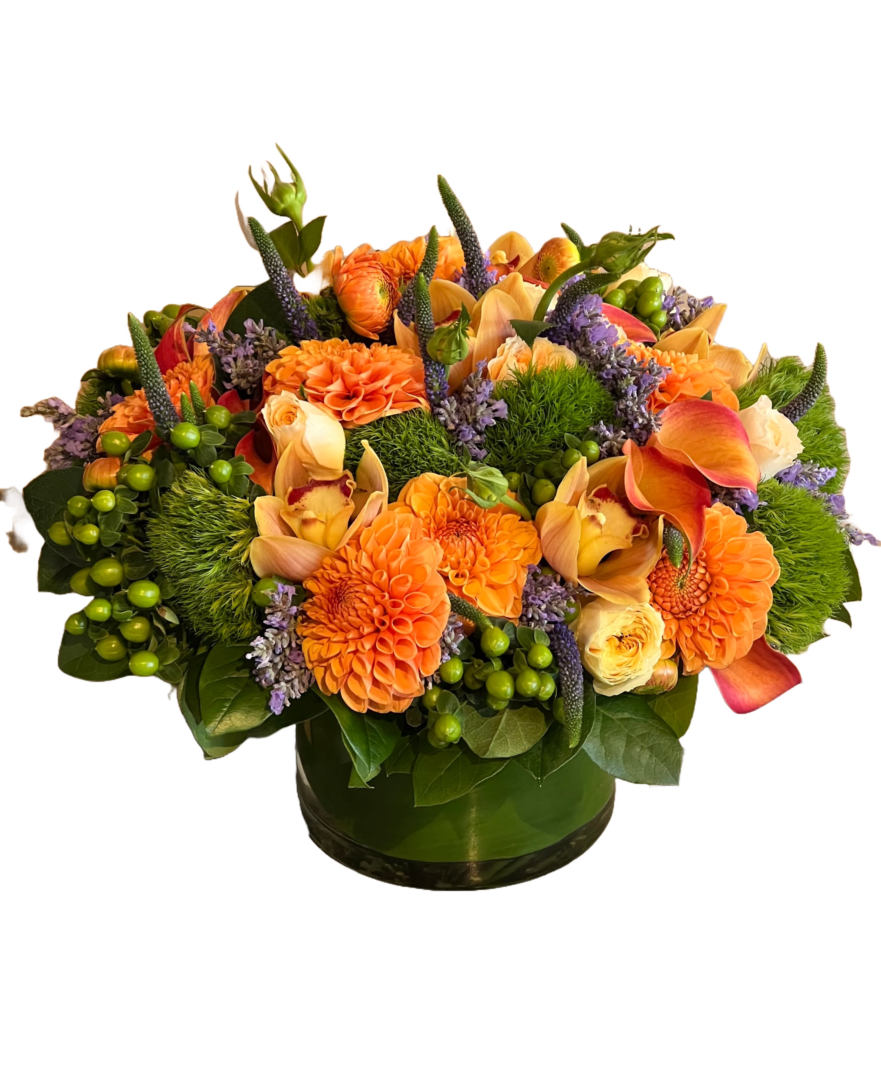 Elegance - Our &quot;Elegance&quot; flower arrangement is a stunning representation of the beauty and warmth of the summer season. This exquisite arrangement combines a variety of carefully selected blooms and seasonal elements to create a captivating display that will add a touch of charm to any space.  The star of this arrangement, dahlias are known for their rich, warm colors and intricate petals. They bring a sense of sophistication and depth to the bouquet. Veronica adds height and structure to the arrangement with its slender spikes of blossoms. Its deep hues complement the overall autumn color palette. The lush blooms of hydrangeas provide a beautiful backdrop with their full, textured clusters. Their earthy tones create a harmonious balance with the other flowers. And finally delicate clusters of seasonal berries, such as hypericum or viburnum, are interspersed throughout the arrangement, adding a touch of rustic charm and a pop of complementary color.