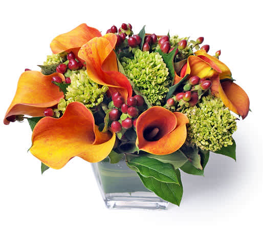 Summer Fun - Very summery, fun and cheerful bouquet of greens, oranges and peaches. We used flaming orange calla lilies, green broccoli hydrangeas, Hypericum berries, and other foliage. Very long lasting especially during fall when some flowers can be substituted with autumn berries and fruit (please specify).