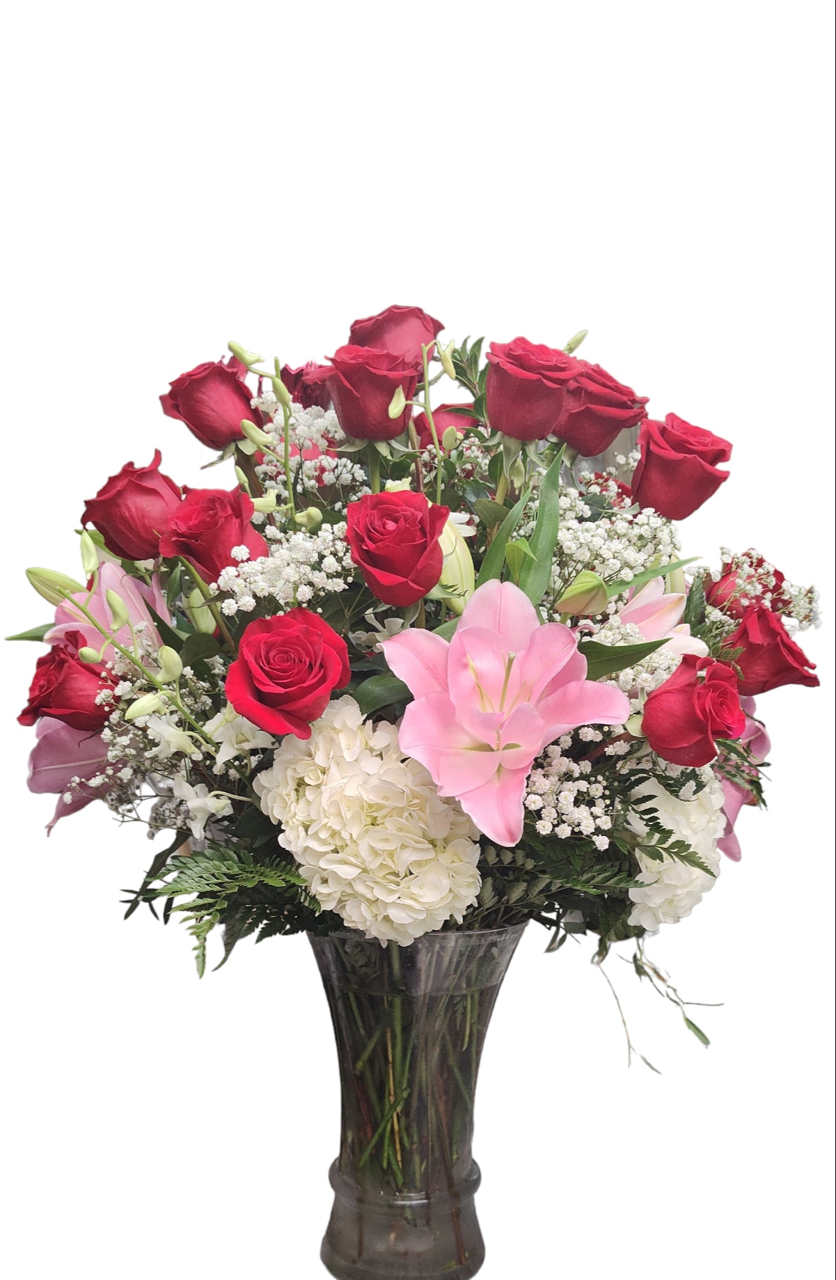 EXPLODING WITH LOVE - A BEAUTIFUL GRAND ARRANGEMENT WITH LILIES, ROSES AND HYDRANGEAS