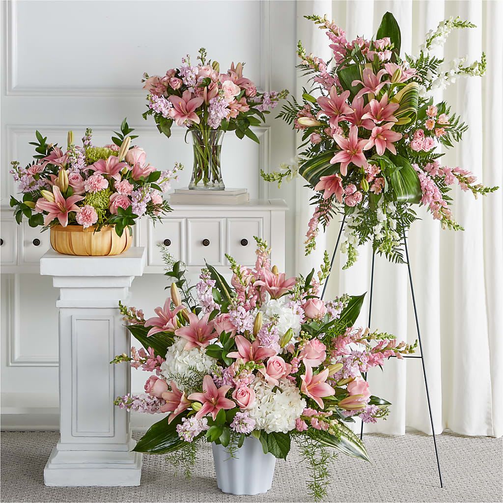 Bountiful Blooms Bundles Burial Focus (Set of 4) - This prim pink set features elegant traditional arrangements fit for all kinds of ceremonies and events.   Exquisite Bundle with Burial Focus Includes: - Wishes &amp; Blessings Bouquet - Beautiful Spirit Basket - Simply Serene Floor Basket - Elegant Embrace Standing Spray  Expertly designed by florists and ready to display. For long-lasting blooms, replace or add water daily.