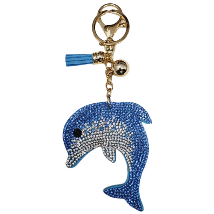Delta Delta Delta Dolphin Rhinestone Keychain - Delta Delta Delta Dolphin Rhinestone Puffy Tassel Keychain and Purse Charm!