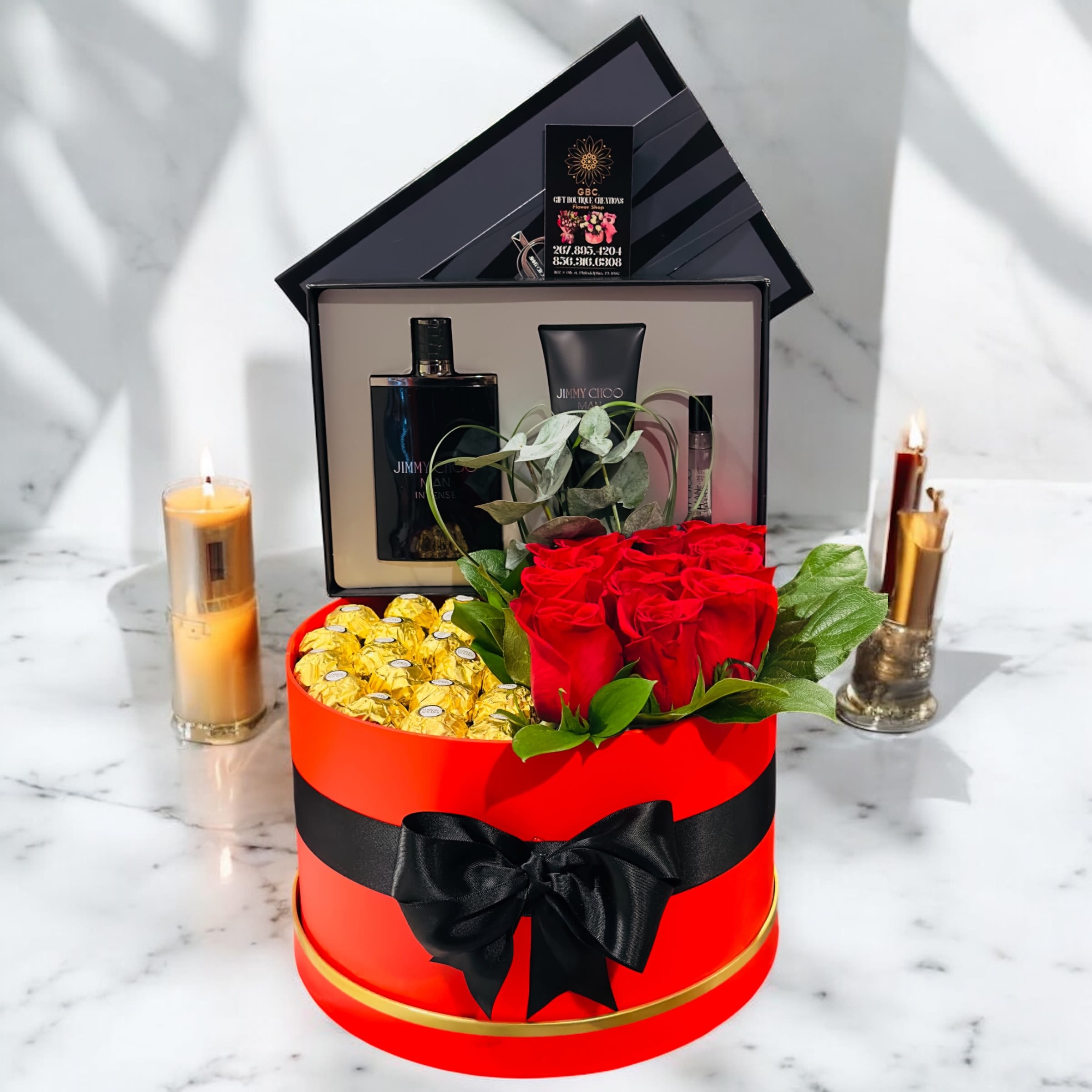 bouquet of perfumes  - beautiful bouquet in a red circular box with red roses and Ferrero Rocher chocolates, Jimmy Choo perfume set for men In the case of requesting another perfume for women or men, you can request it through the application; it may not necessarily be the perfume shown here, we have many options of perfumes. The price will change if you want another perfume, we will just adjust it to the order.