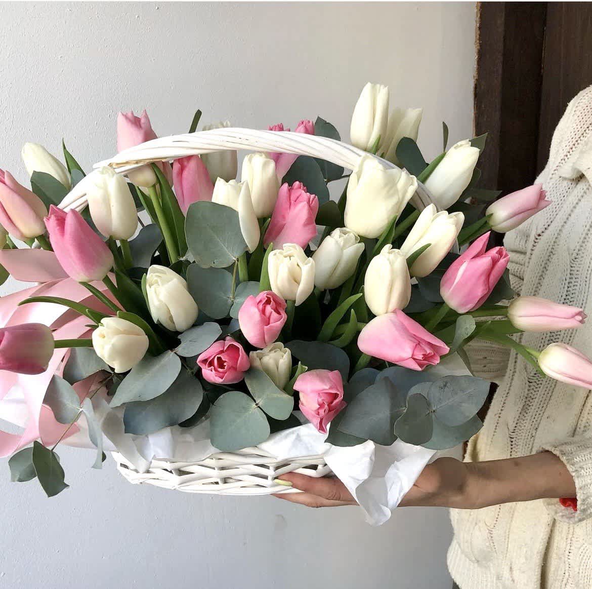 Spring Fragrance Hampy - A delicate basket of 36 white and pink tulips. The fragrance and beauty of tulips will melt any heart. 
