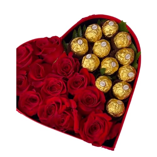 A Luxury of Love - Experience the ultimate indulgence with &quot;A Luxury of Love.&quot; This exquisite gift features a heart-shaped box overflowing with velvety red roses and the smooth, irresistible taste of Ferrero Rocher chocolates – a truly decadent expression of your love and appreciation.