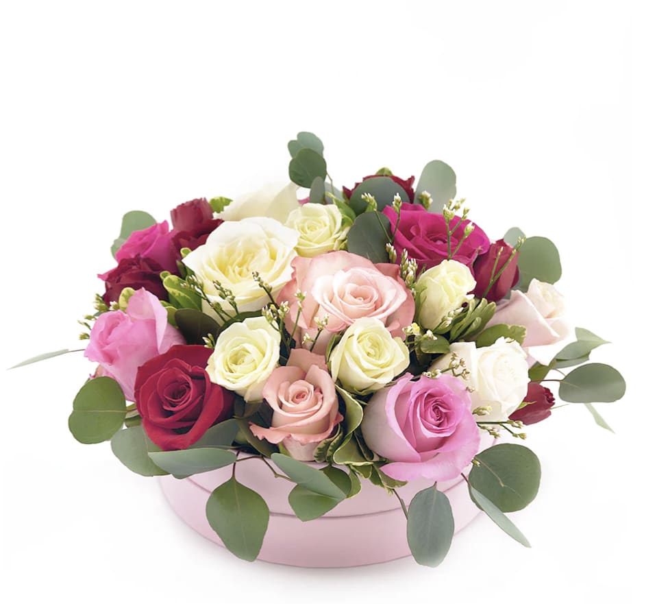 Radiance Blooms - Experience a symphony of colors with our “Radiance Blooms” hat box. This elegant arrangement features a captivating blend of multicolor roses—each bloom hand-selected for its vibrant beauty—nestled among sprigs of fresh eucalyptus. Presented in a chic, timeless hat box, this display fuses classic romance with contemporary sophistication. The aromatic eucalyptus adds a subtle touch of greenery and refinement, making this arrangement a standout centerpiece or a luxurious gift to elevate any occasion.