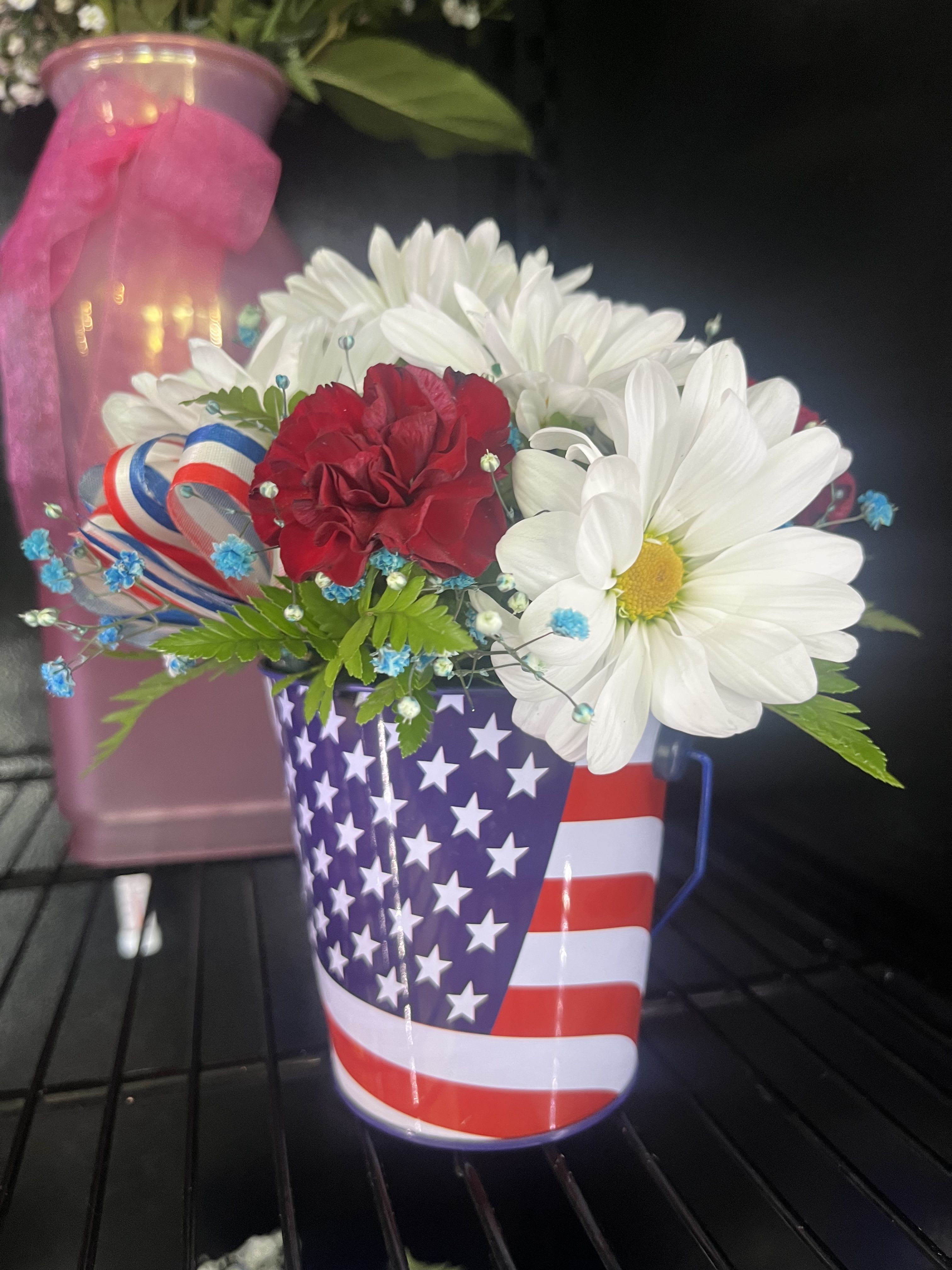 Happy 4th  - fresh flowers in American flag container 