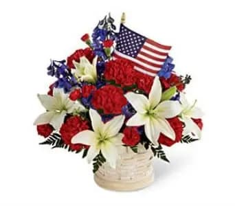 AMERICAN GLORY BASKET ARRANGEMENT [TT-PAT2] - AMERICAN GLORY ARRANGEMENT  The American Glory Arrangement bursts with patriotic pride and hearfelt beauty. Blue delphinium, bright red carnations and brilliant white Asiatic lilies create a spectacular display arranged amongst American flags in a round basket, creating a lovely way to celebrate the summer holidays.  Approximately 18&quot;H x 12&quot;W.      As Shown : TT-PAT2 