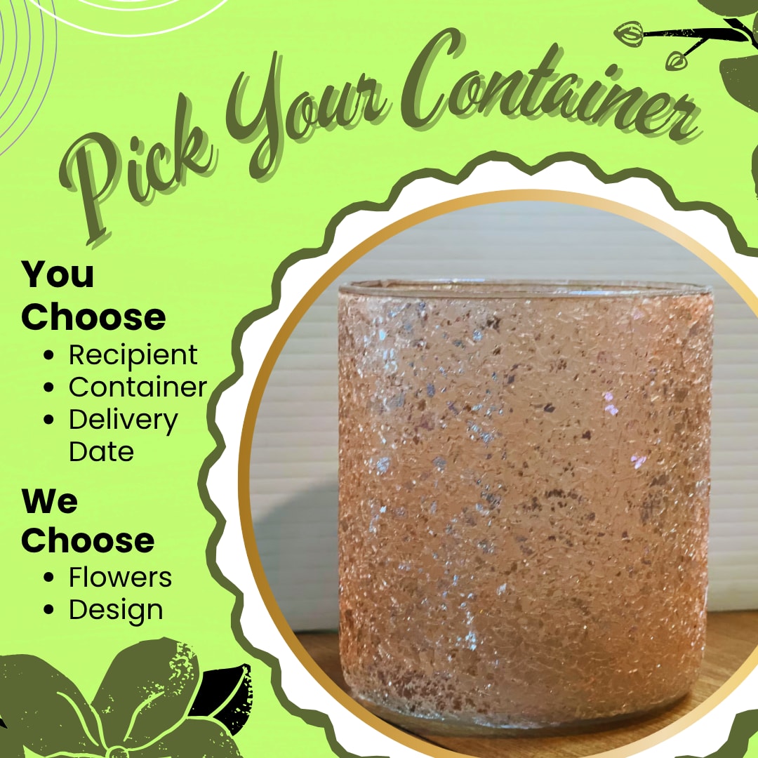 Sparkling Glass Vase Sparkling Glass Vase - Pick your container and let our designer create a custom arrangement specifically for your recipient! We have so many amazing and adorable vases and containers, and why wait until we have crafted designs to go in them for you to be able to select them? We have set the price points to match what the container can hold, let us know your recipient's favorite flowers and colors in the special instructions. This Sparkling Glass Vase is 4 1/2" tall. Substitution Policy In some instances, our photo may represent an overall theme or look and include a one-of-a-kind vase which cannot be exactly replicated. Although the actual bouquet may not precisely match the photo, its temperament will. Occasionally, substitutions of flowers and/or containers happen due to weather, seasonality and market conditions which may affect availability. If this is the case with the gift you’ve selected, we will ensure that the style, theme and color scheme of your arrangement is preserved and will only substitute items of equal value or higher value. If any design elements are of major importance to your order, please include them in the florist instructions at checkout or contact us to ensure availability.