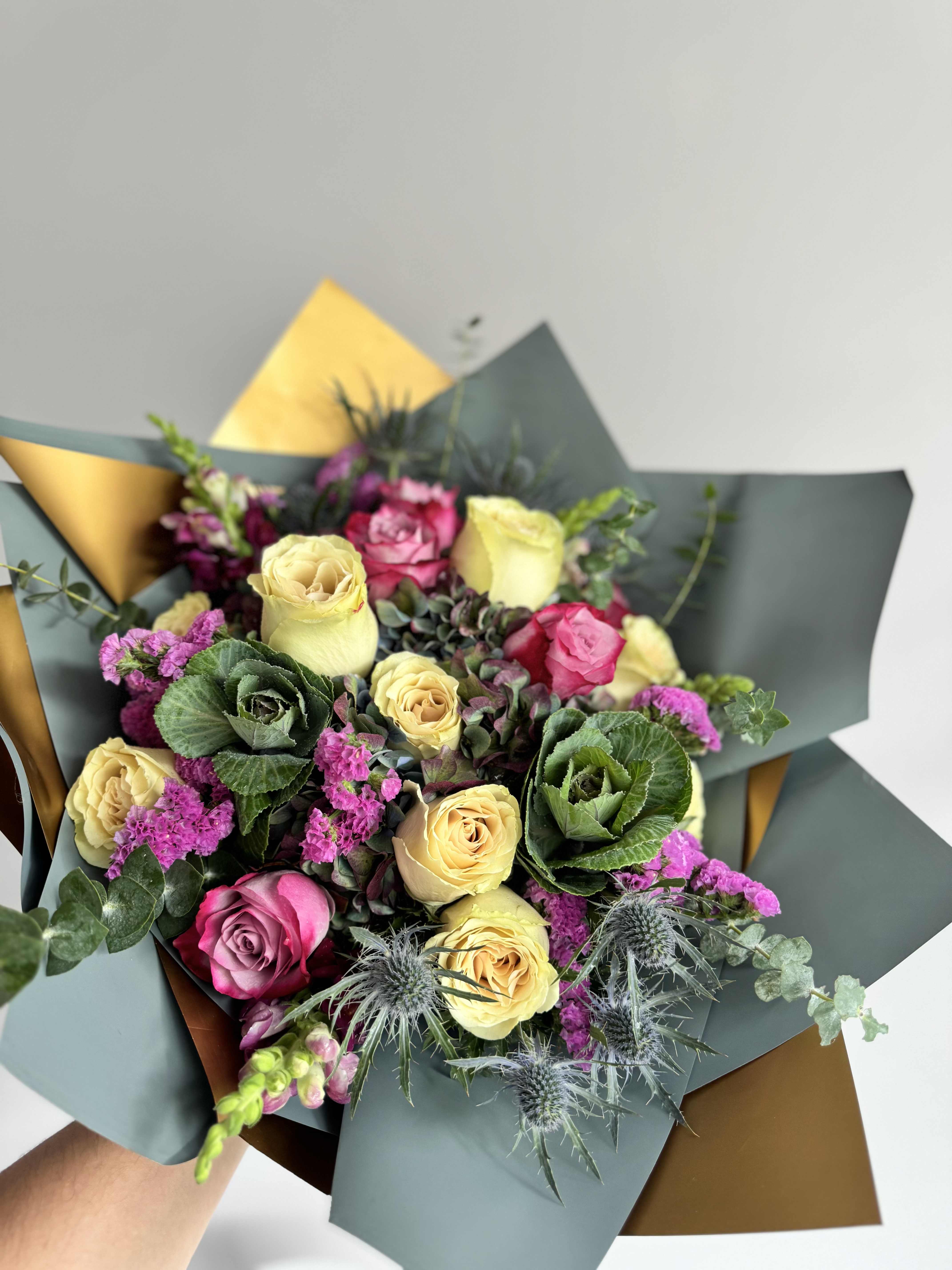 #2 Lia bouquet - Lia with love and attention to every detail. We create for you: tenderness, passion, reverent recognition, gratitude and respect, congratulations on an important event, first impressions, and much more.  Seasonal flowers can be replaced with a similar one. Wraps can also be replaced with others. shown an actual size &quot;Standard&quot; 