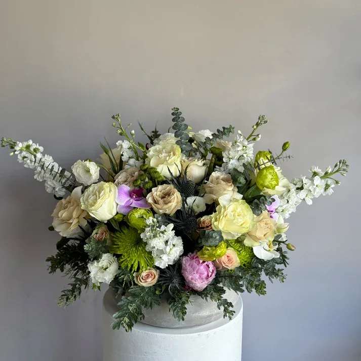 #21 Jia -  Jia - emotions that cause butterflies inside. Irregular breathing and rapid heartbeat. Sincerity, excitement, and awe. We managed to collect a bouquet that fully embodies the feeling of falling in love. Would you like to feel it again?  shown an actual size &quot;Premium&quot; if we do not have peonies, we replace them with orchids Seasonal or not available flowers can be replaced with a similar one. Pots and vases can also be replaced with others