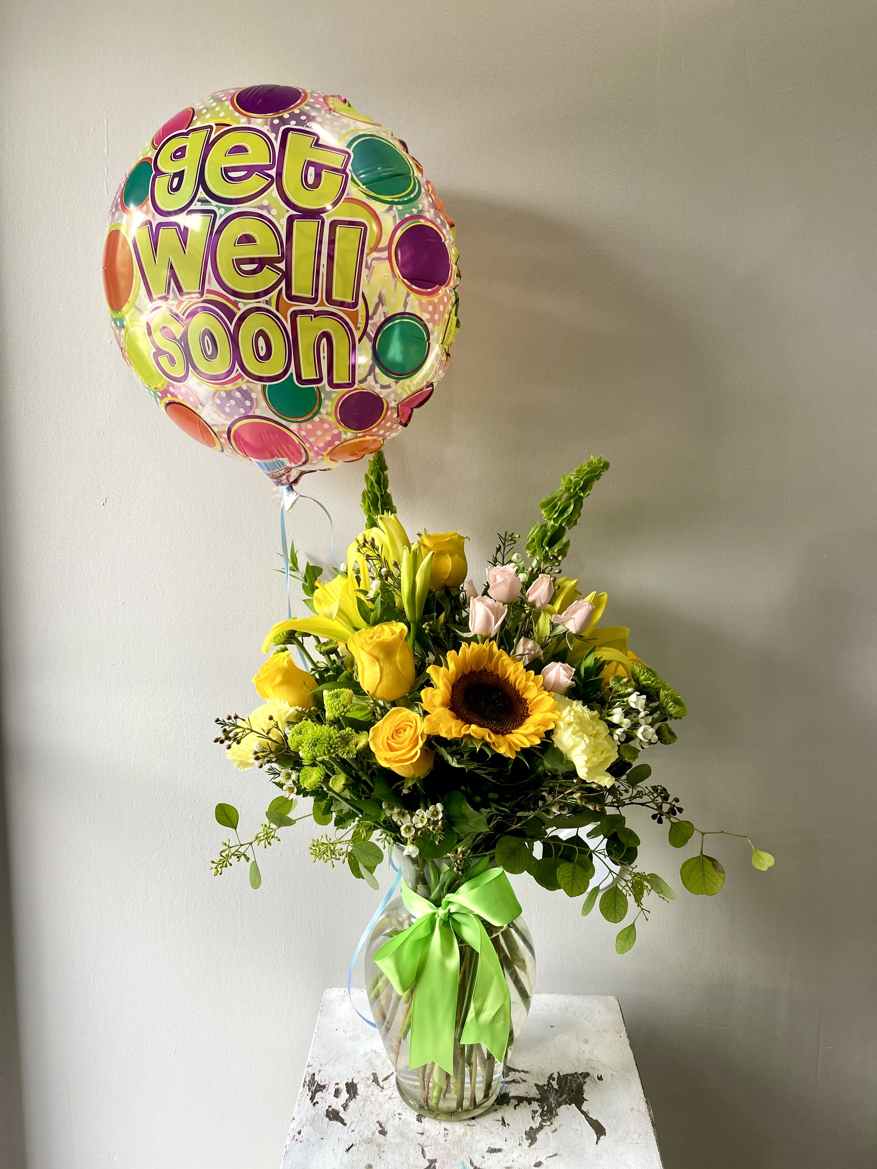 Sunny Days Get Well Soon Bouquet  - A Bright and Sunny bouquet of Sunflowers, Yellow Roses, Yellow Lilies, Light Pink Spray Roses, Seeded Eucalyptus and more- Includes a Get Well Mylar Balloon
