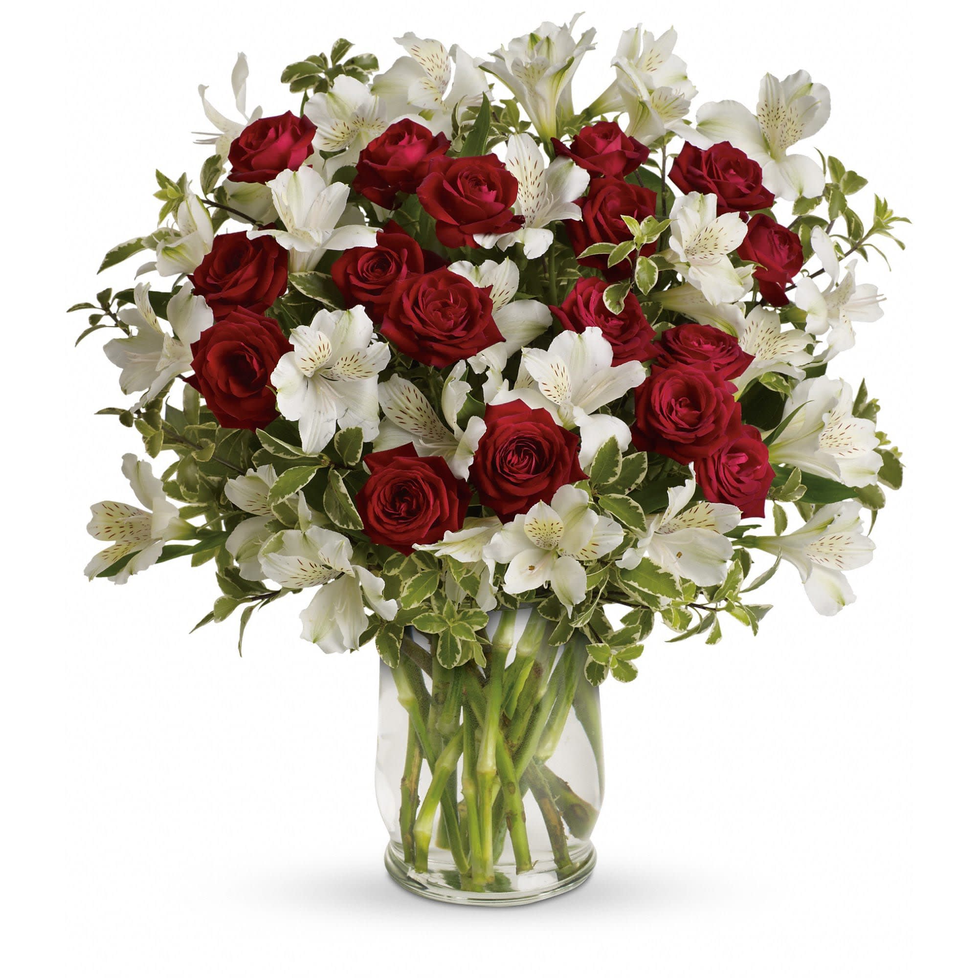Romance Bouquet - Endless roses, endless romance! Make a statement with our stunning bouquet of red roses with snowy white blossoms, delivered in a glass hurricane vase that will forever remind her of your love.