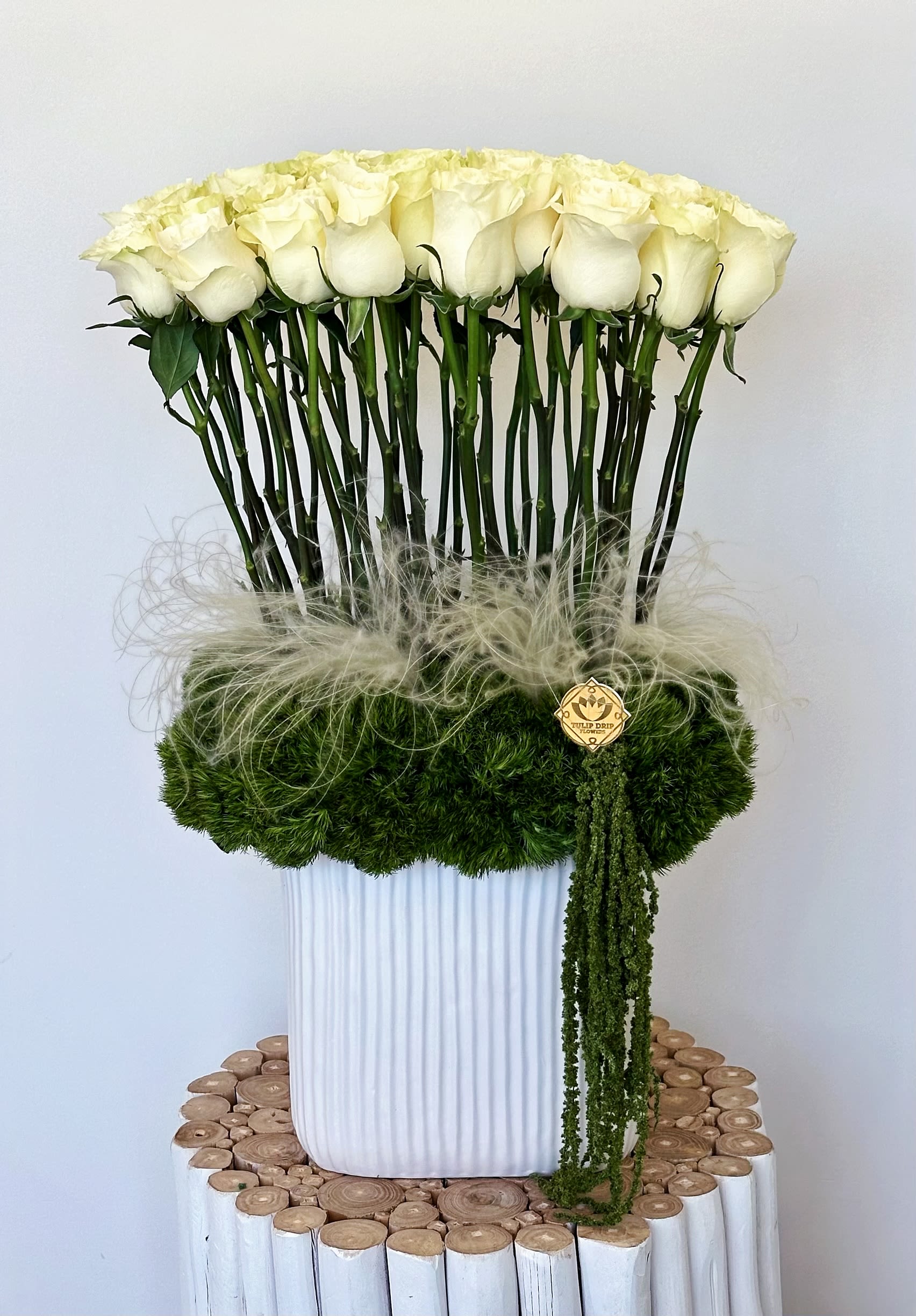 Modern Chic White Rose Garden Arrangement Modern Chic White Rose Garden Arrangement - The “Modern Chic” arrangement is a unique vertical design of fresh white roses standing tall with moss and feather accents. A striking floral piece for modern home decor, corporate events, weddings, or elegant gifts. Order contemporary flower arrangements with same-day delivery near you.