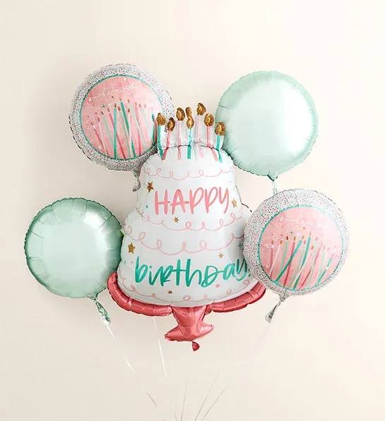 Happy Birthday Cake Balloon Arrangement Happy Birthday Cake Balloon Arrangement - Celebrate in style with this delightful birthday balloon bouquet, designed to bring a cheerful touch to any celebration. Featuring a charming cake-shaped foil balloon with “HAPPY birthday” written in vibrant colors, complemented by soft pastel round balloons, this arrangement radiates joy and warmth. Whether paired with a floral arrangement or enjoyed on its own, these balloons are perfect for adding a festive flair to birthdays, gatherings, or special surprises. Their playful yet elegant design makes them a lovely addition that helps create memorable moments and brighten any space with a splash of color and celebration.