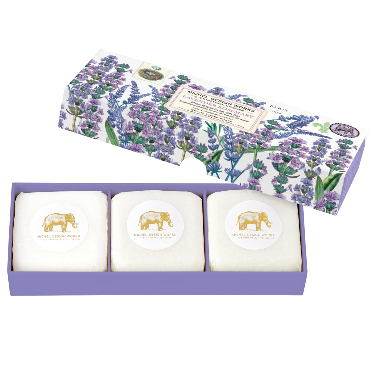 Lavender Rosemary Shea Butter Soap Gift Set Lavender Rosemary Shea Butter Soap Gift Set - Scent: The unmistakable scent of lavender with rosemary and a hint of eucalyptus Triple milled to distribute fragrance evenly, each bar features rich shea butter that softens and moisturizes skin with every use. Presented in a beautifully decorated box, these luxurious soaps make for the perfect hostess gift. Since 1987, Michel Design Works has been crafting premium products that today range from beautifully scented hand soaps to brightly printed napkins. A stunning blend of fashion and function, each item is decked out with colorful, intricate designs inspired by antique art from the 18th and 19th centuries. Popular as gifts and perfect for everyday use, these offerings bring a touch of attainable luxury to any home. • Made in England • Includes three individually wrapped bars of soap weight: 10.5 oz/300 g Each: 3.5 oz/ 100g
