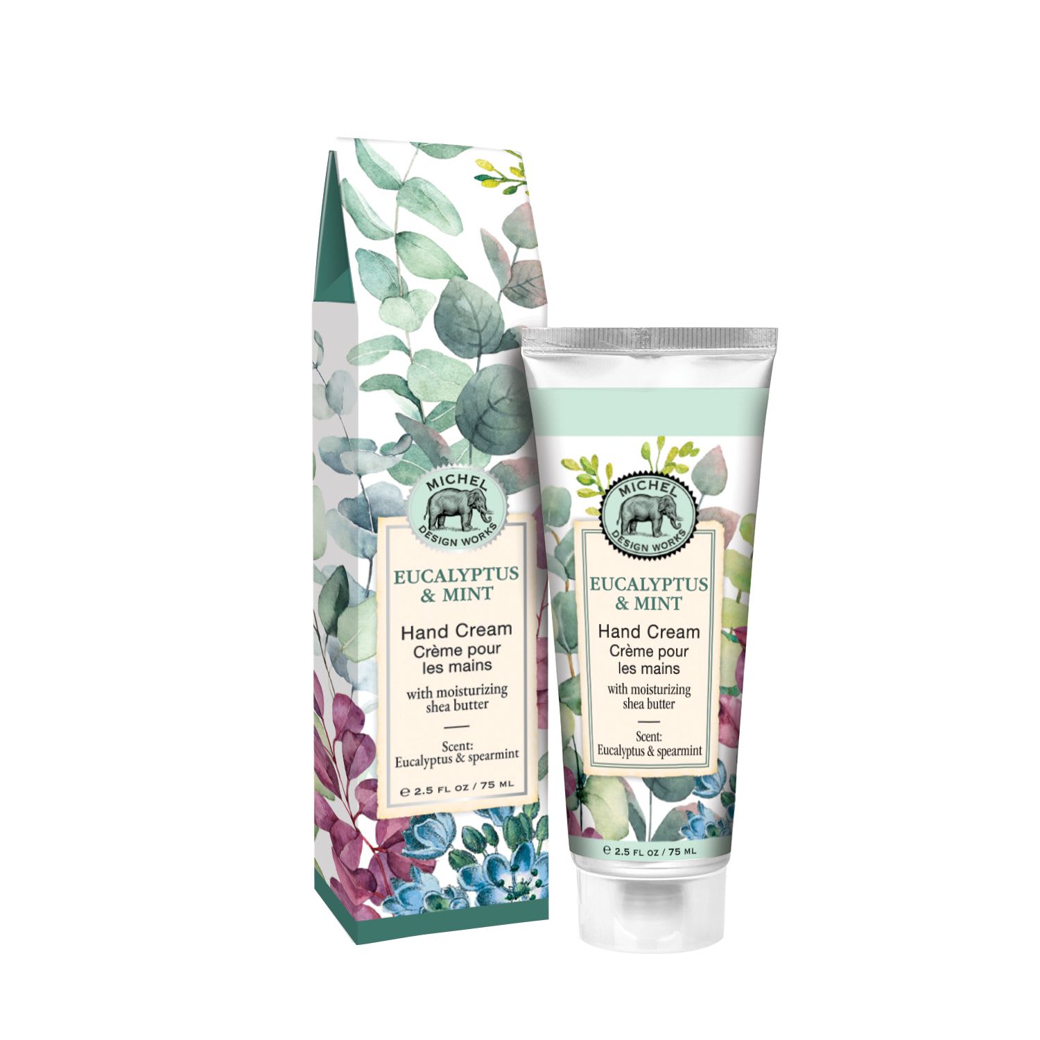 Eucalyptus and Mint Hand Cream Eucalyptus and Mint Hand Cream - A soothing blend of luxuriously scented hand cream with natural botanical ingredients. Relax at home with the peaceful scent of eucalyptus and spearmint. A palette of soft greens with a touch of purple brings this beautiful design to life on the decorative gift box packaging. Fragrance: Eucalyptus and spearmint with drops of orange and geranium. 2.5 fl oz / 75 ml
