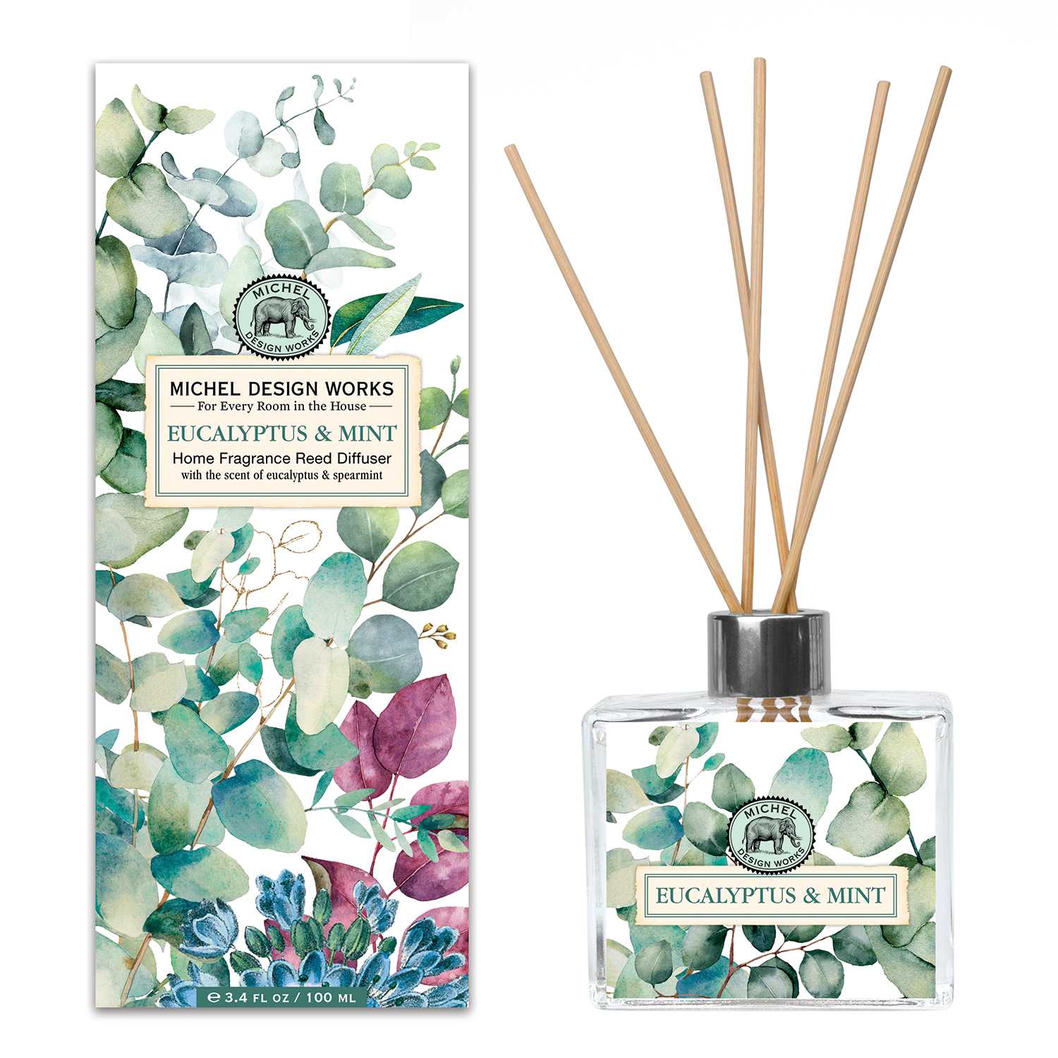 Eucalyptus and Mint Home Fragrance Reed Diffuser Eucalyptus and Mint Home Fragrance Reed Diffuser - Michel Design Works home fragrance reed diffusers are designed to continuously infuse your home with the finest in carefully selected high-quality scents. The elegant glass vessel will enhance any decor and can be used singly or throughout the house. Relax at home with the peaceful scent of eucalyptus and spearmint. A palette of soft greens with a touch of purple brings this beautiful design to life on the decorative glass jar and gift box packaging. Fragrance: Eucalyptus and spearmint with drops of orange and geranium.