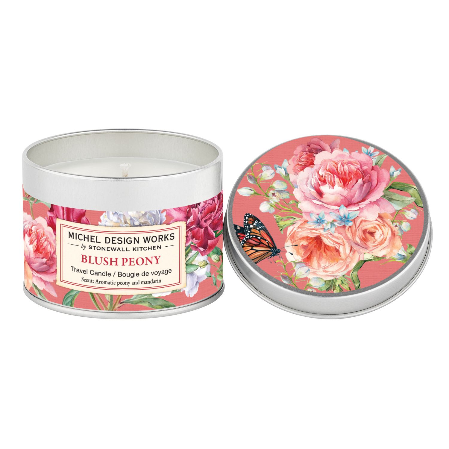 Blush Peony Travel Candle Blush Peony Travel Candle - Forever classic, showy peonies in all their pastel glory bring a touch of elegance and romance all year round. Fragrance: Aromatic Peony with a hint of mandarin, notes of gardenia, and touches of cedar and sandalwood. Our all-natural, travel candle is nontoxic, biodegradable and clean burning, made from a sustainably sourced soy and palm oil wax blend. The handy, decorative, and versatile tin can be used at home or when traveling, indoors or out. 5.5 oz./ 155 g. 24 hours approximate burn time.