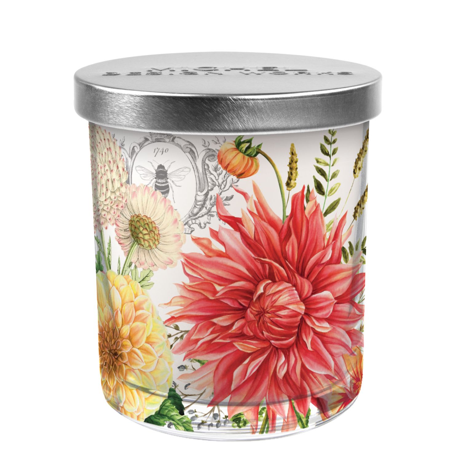 Dahlias Decorative Glass Jar Candle Dahlias Decorative Glass Jar Candle - Our all-natural, decorative jar candle is nontoxic, biodegradable and clean burning, made from a sustainably sourced soy and palm oil wax blend. Scent: Floral blossoms with undertones of musk and sandalwood Bright colors burst with natural energy in a loving ode to dahlias. Conjouring up the magic of strolling through a lush garden in springtime, with collection balances vibrant blossoms with an alluring floral aroma. 7.4 oz/209 g 38 hrs. approximate burn time