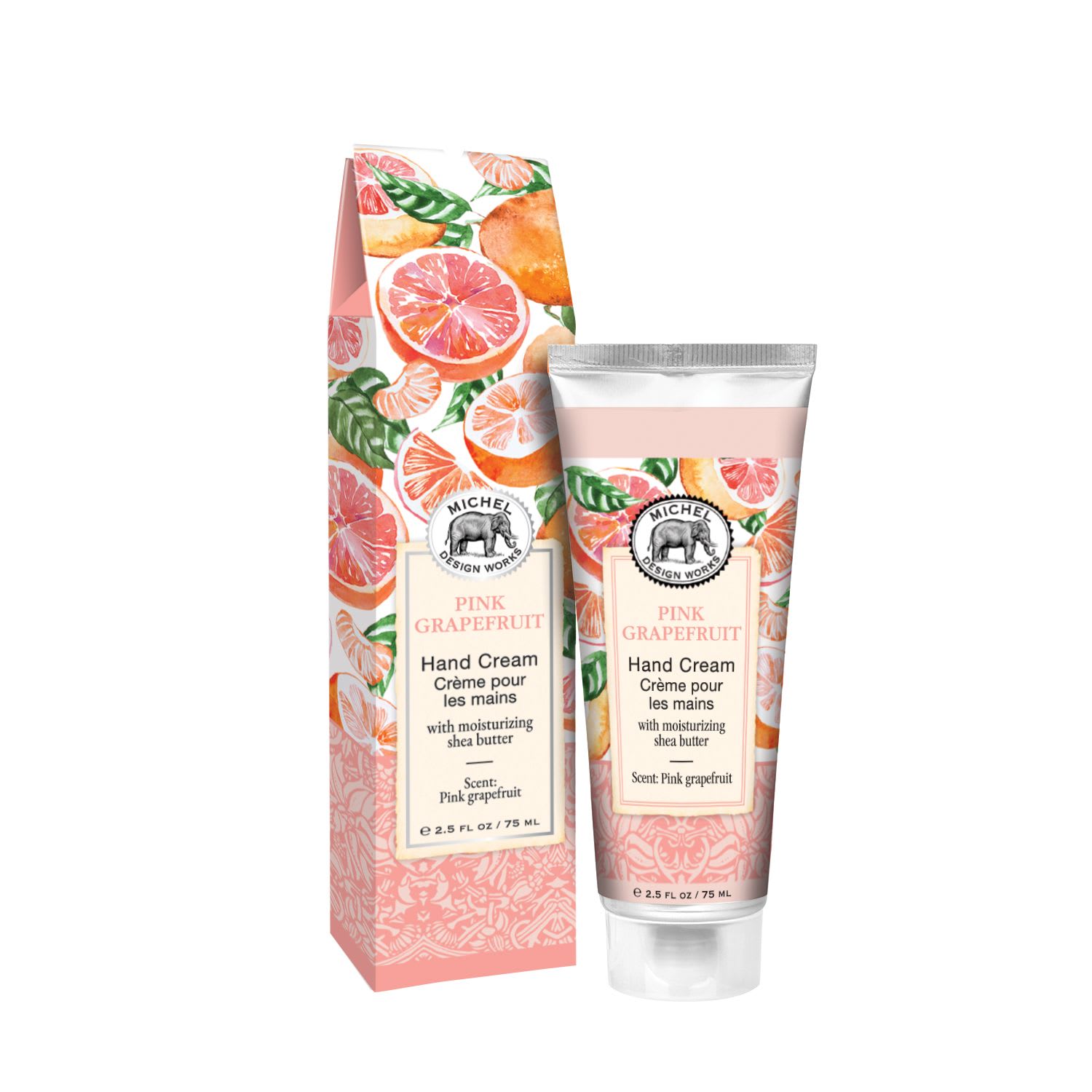 Pink Grapefruit Hand Cream Pink Grapefruit Hand Cream - A soothing blend of luxuriously scented hand cream with natural botanical ingredients, and a beautiful matching gift box. Scent: Juicy pink grapefruit with the zest of lime and a drop of rose. This collection showcases one of our all-time best-selling fragrances: zesty pink grapefruit. A bright scent for the kitchen, it works perfectly for the powder room as well. 2.5 fl oz / 75 ml