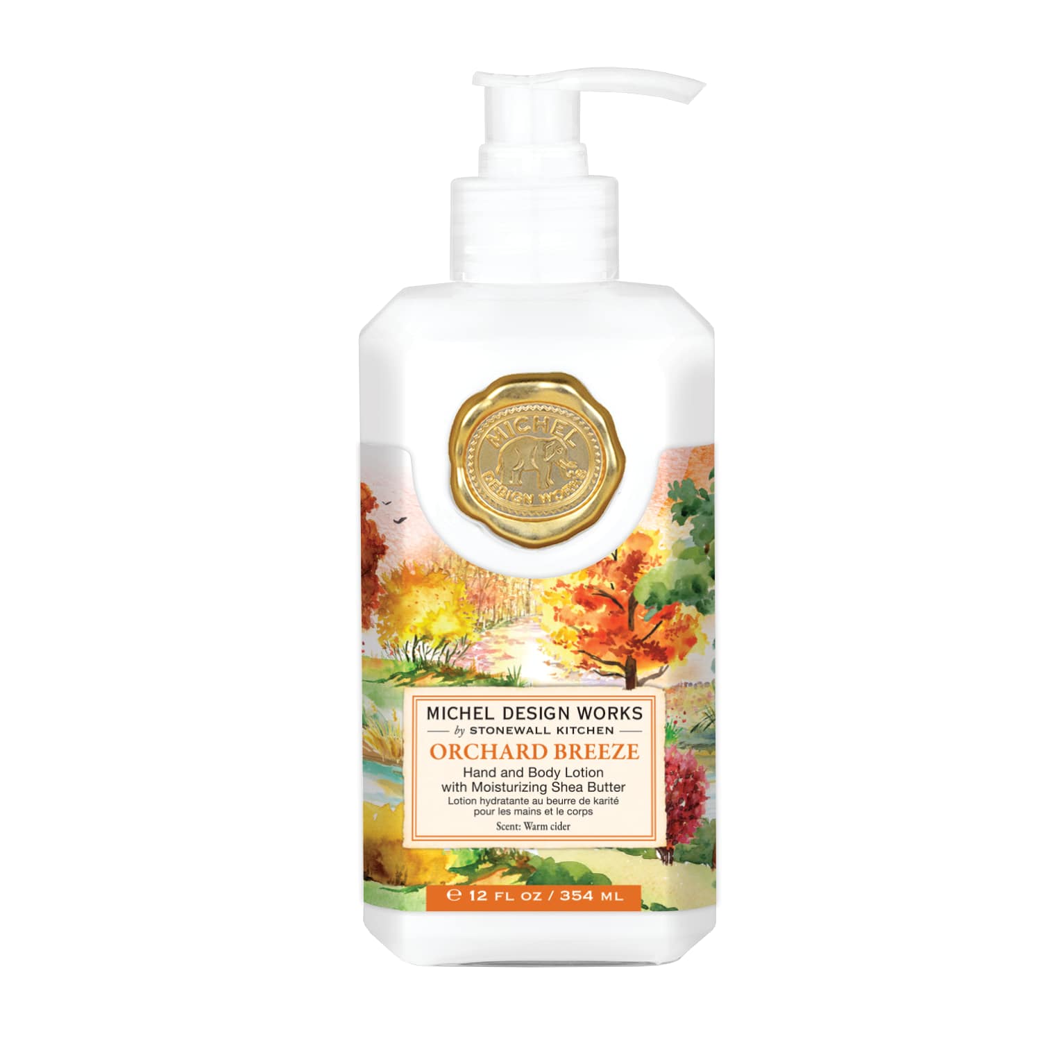 Orchard Breeze Hand and Body Lotion Orchard Breeze Hand and Body Lotion - Our soothing lotion is a blend of aloe, coconut oil, shea butter, and other select herbs and botanicals to moisturize and soften the skin in a pump bottle printed with an autumn landscape ablaze with color and crisp fall foliage drifting gently down from the trees of the orchard. Scent: Warm ripe apple with floral notes of jasmine and cyclamen 12 fl oz / 354 ml