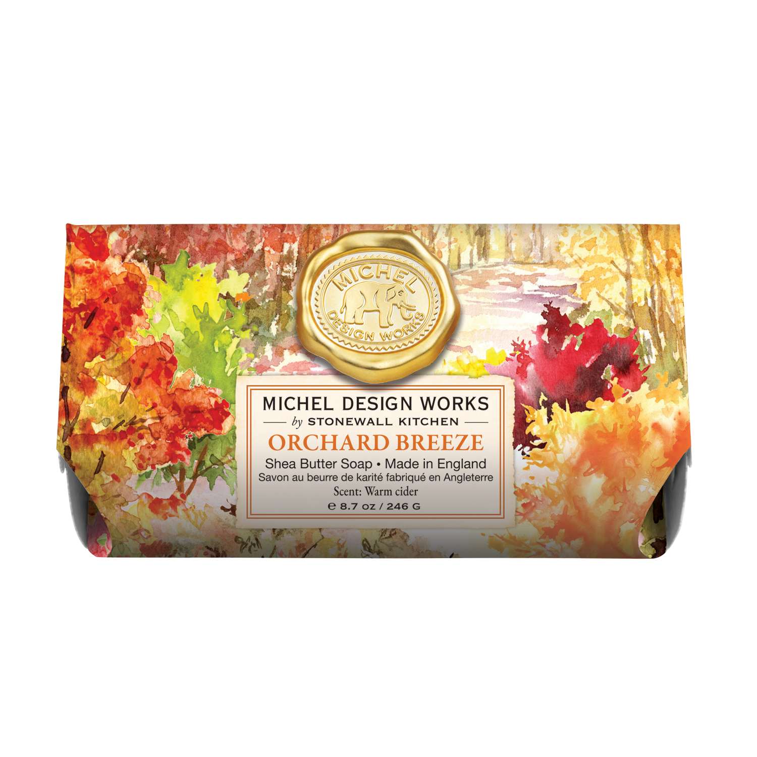 Orchard Breeze Large Bar Soap Orchard Breeze Large Bar Soap - Our triple-milled soap is made of pure vegetable palm oil and glycerin and is enriched with moisturizing shea butter to provide a luxurious bath experience. Presented in a paper box printed with a lovely autumn landscape ablaze with color and crisp fall foliage drifting gently down from the trees of the orchard. Scent: Warm ripe apple cider with floral notes of jasmine and cyclamen 8.7 oz / 246 g